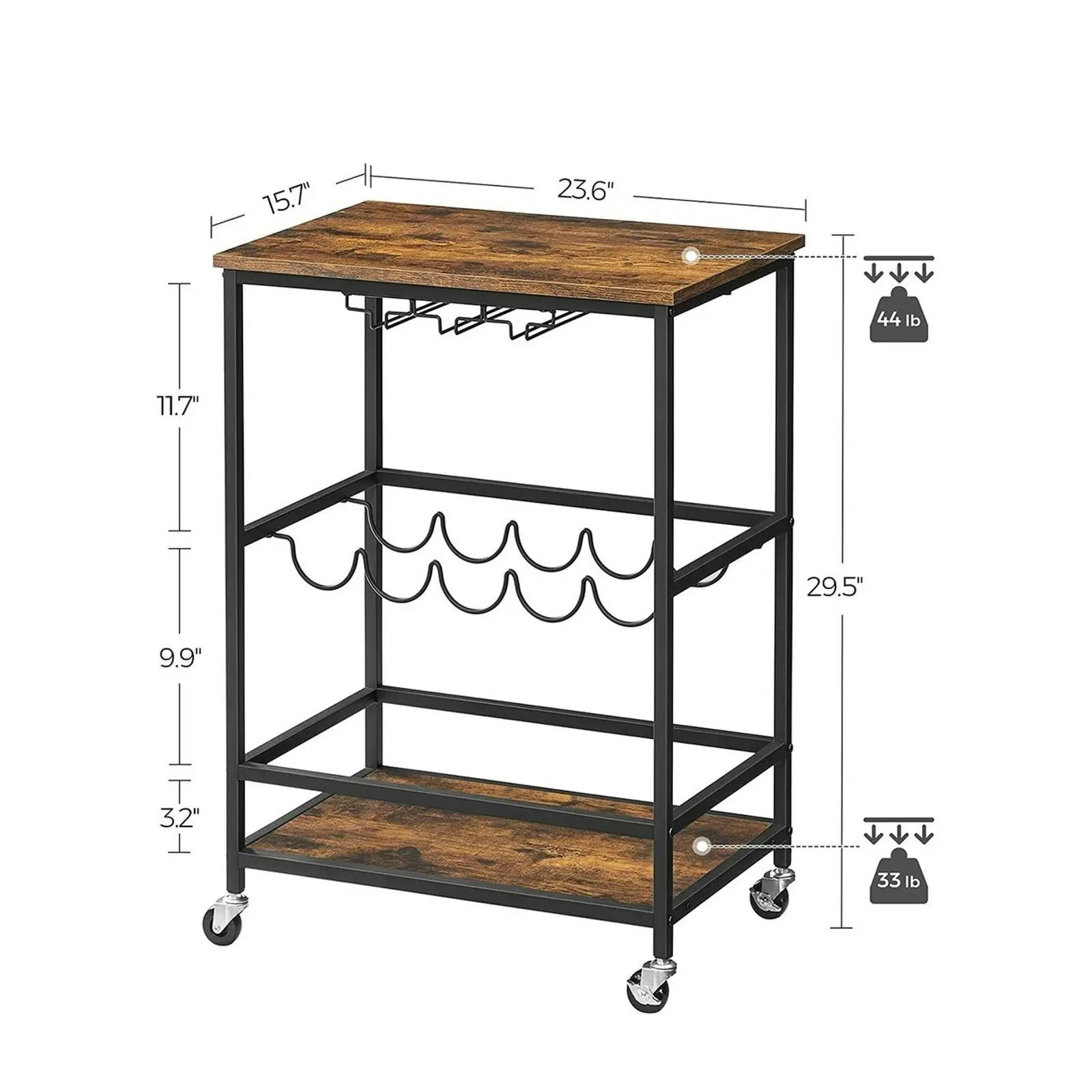 VASAGLE Wine Serving Cart with Wheels and Bottle Holders Bar Cart - Rustic Brown