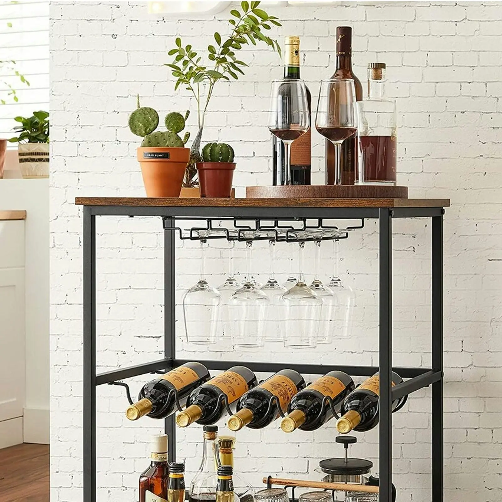 VASAGLE Wine Serving Cart with Wheels and Bottle Holders Bar Cart - Rustic Brown