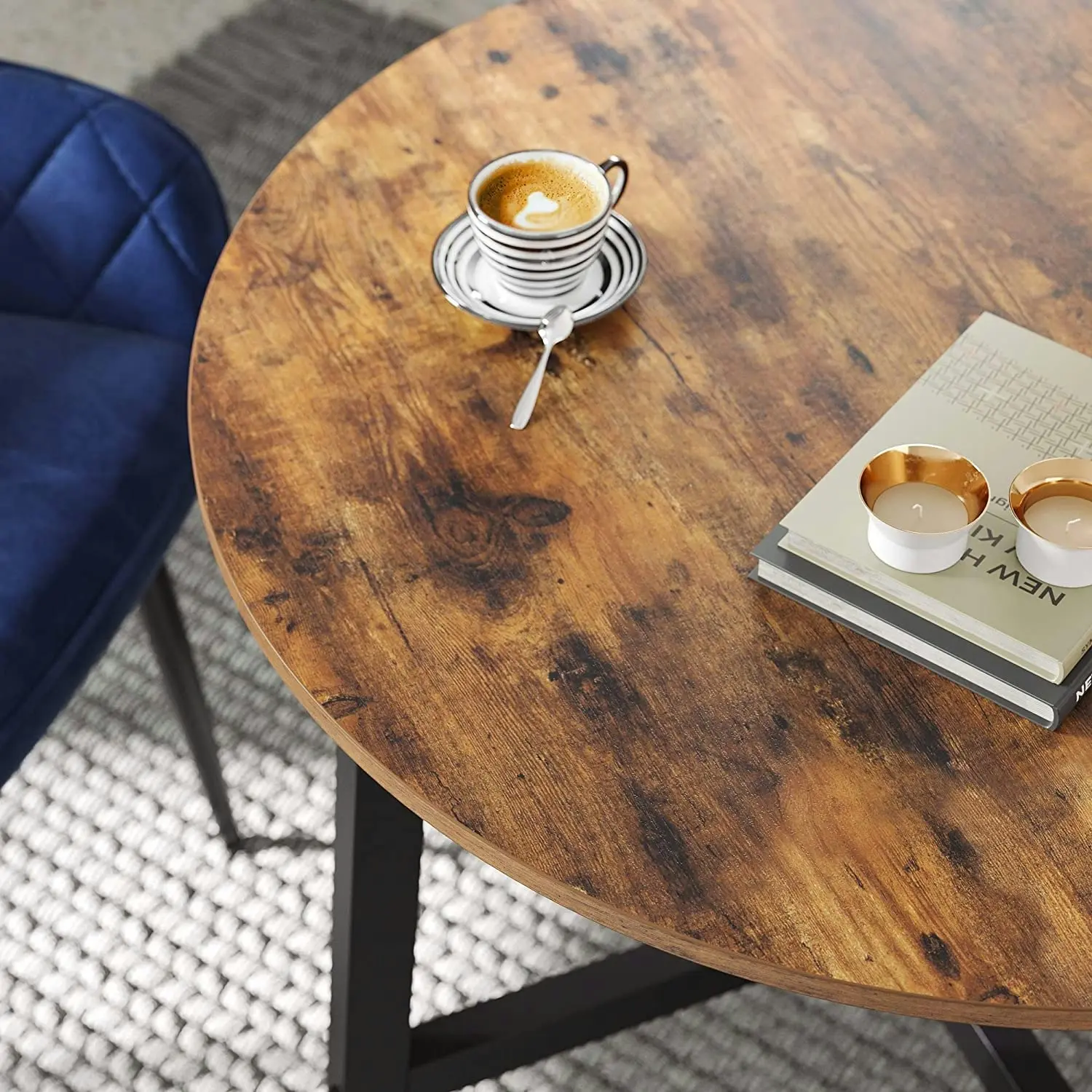 VASAGLE Round Wooden Desk Kitchen Dining Table - Vintage Brown/Black