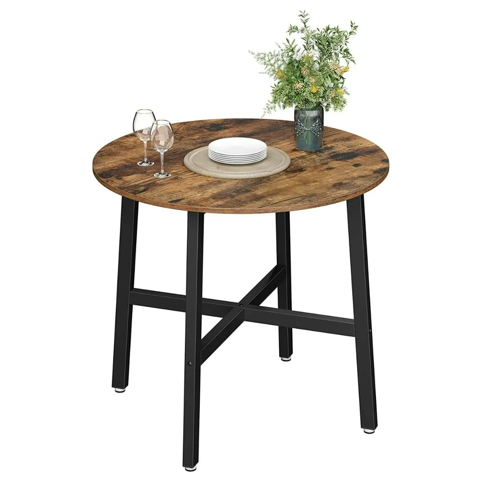 VASAGLE Round Wooden Desk Kitchen Dining Table - Vintage Brown/Black