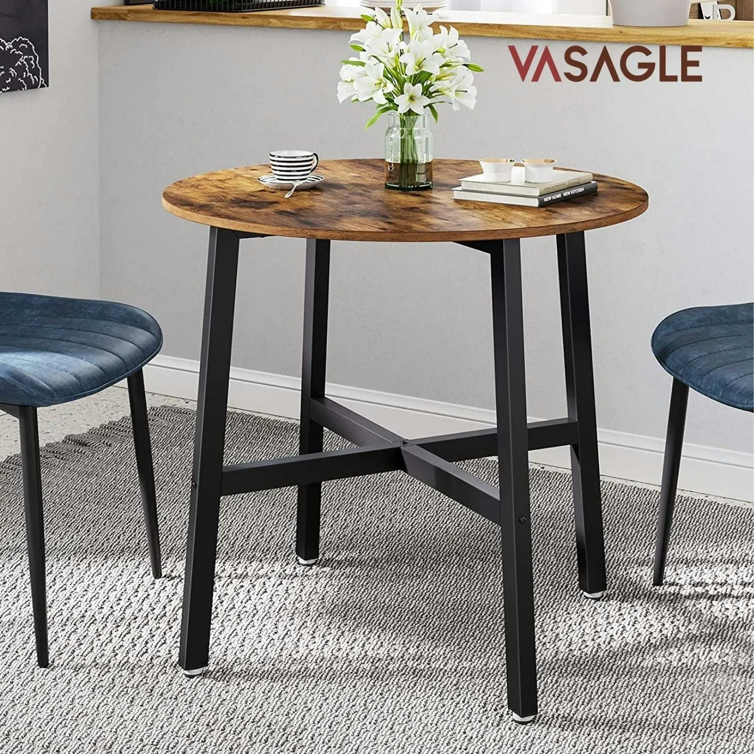 VASAGLE Round Wooden Desk Kitchen Dining Table - Vintage Brown/Black