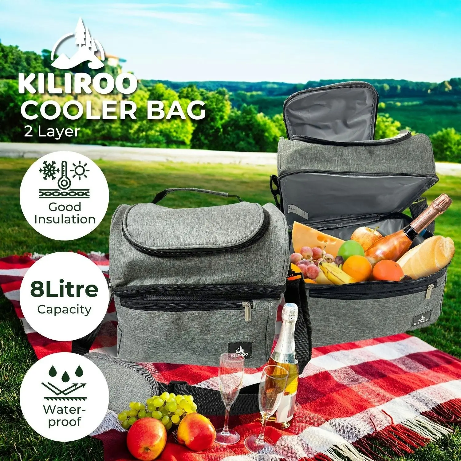 Kiliroo Insulated Cooler Lunch Bag 8-10L Portable Outdoor Picnic Container Grey