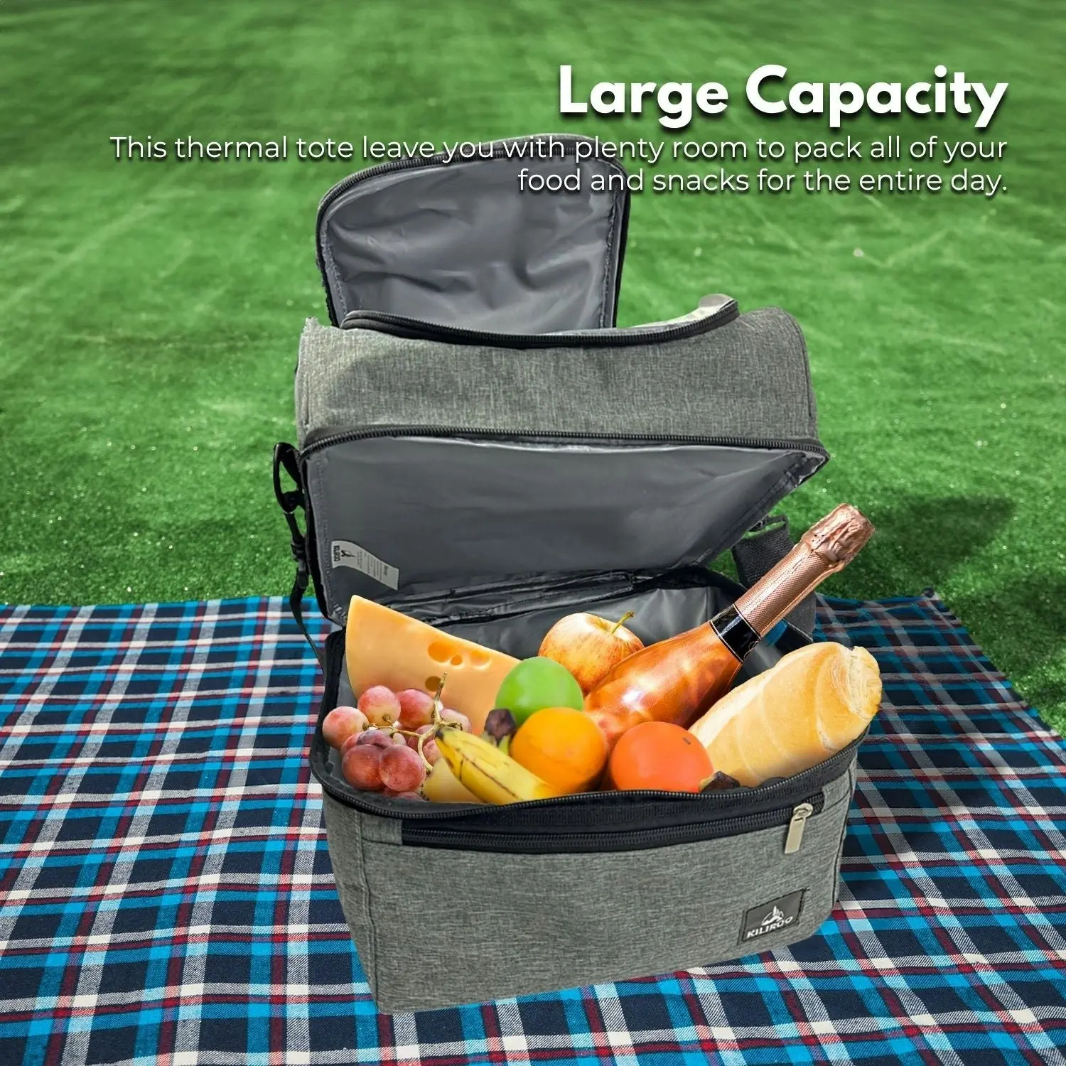 Kiliroo Insulated Cooler Lunch Bag 8-10L Portable Outdoor Picnic Container Grey