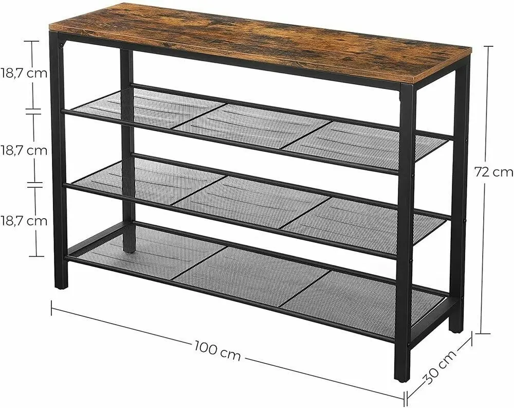 VASAGLE 4 Tier 3 Open Shelves Iron Mesh Metal Steel Durable Shoe Rack - Rustic Brown