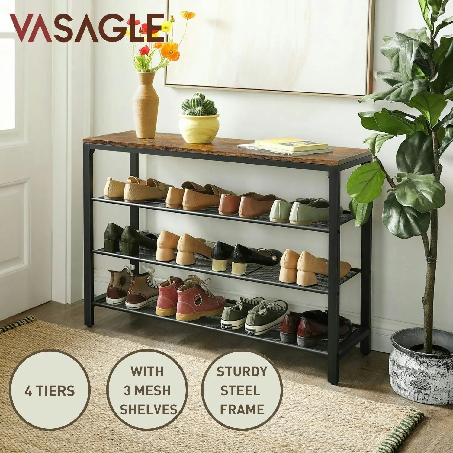 VASAGLE 4 Tier 3 Open Shelves Iron Mesh Metal Steel Durable Shoe Rack - Rustic Brown