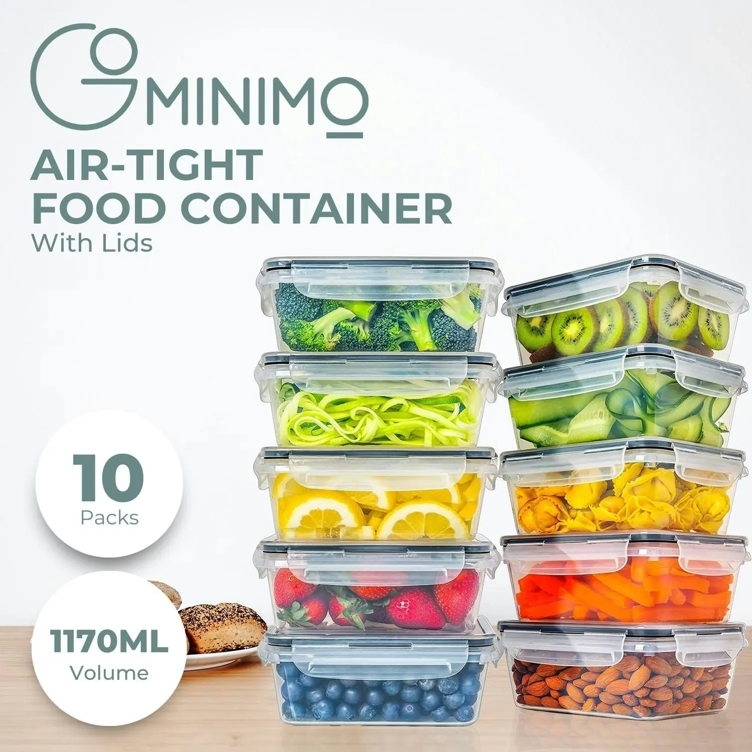 10pcs Gominimo Kitchen Fridge Pantry Organiser Rectangular Airtight Food Storage Container Set