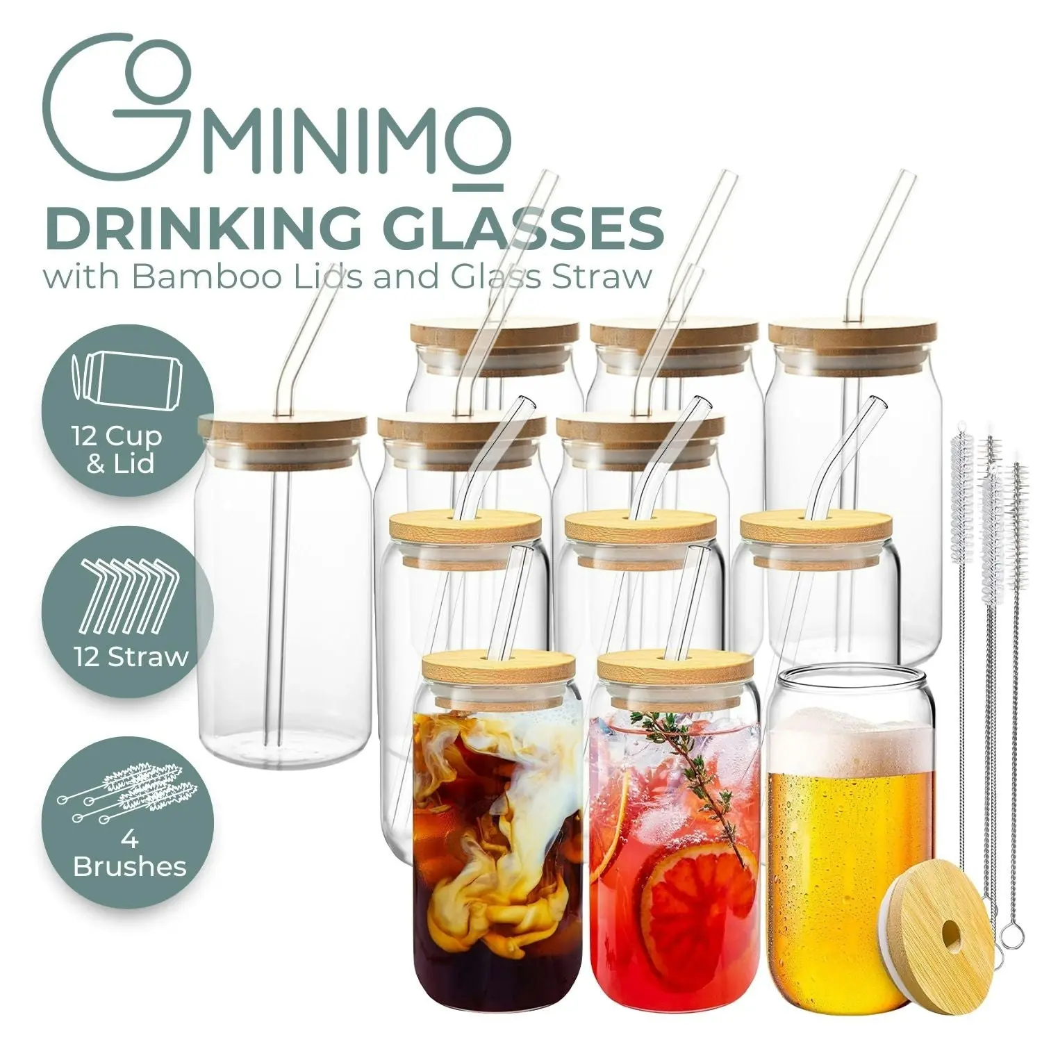 Gominimo 16Oz Reusable Clear Drinking Glasses with Bamboo Lids and Glass Straw 12 Pack