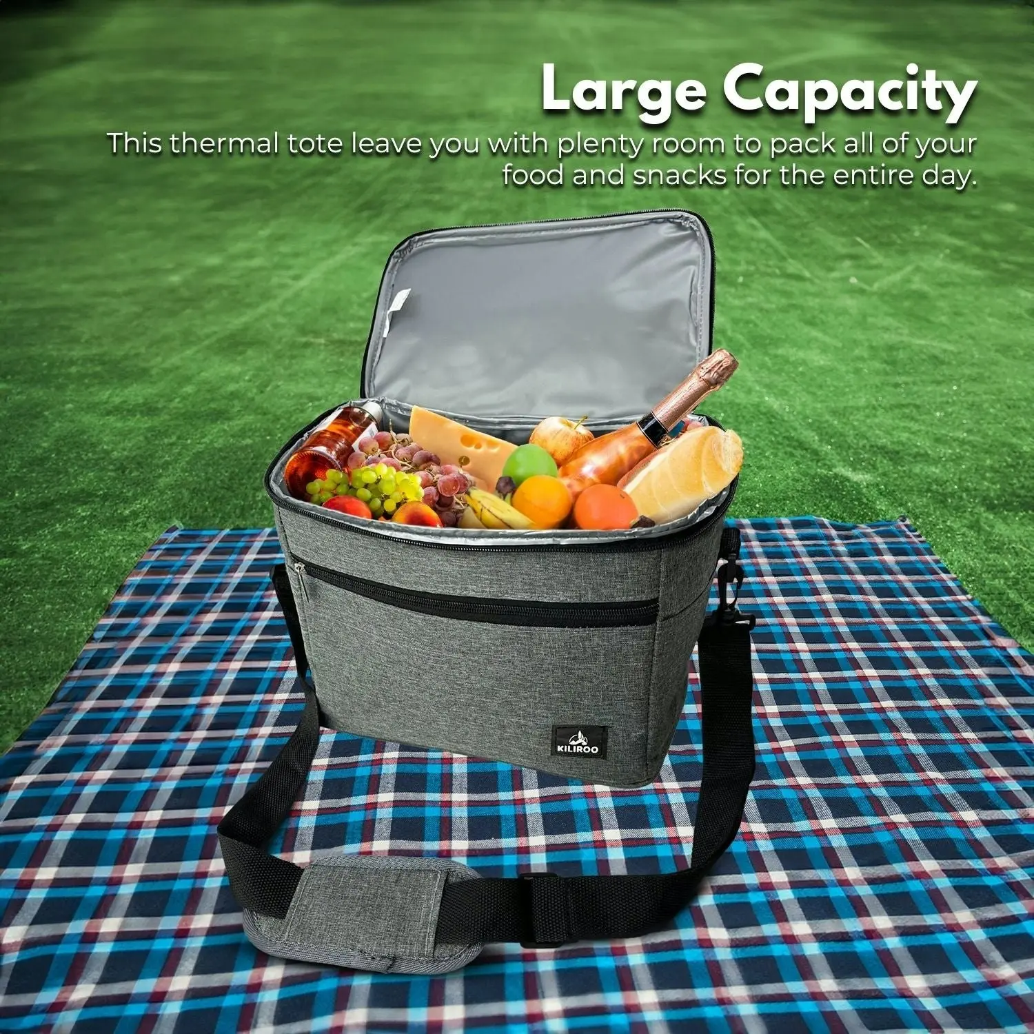 Kiliroo Insulated Cooler Lunch Bag 15L Portable Outdoor Picnic Container Grey