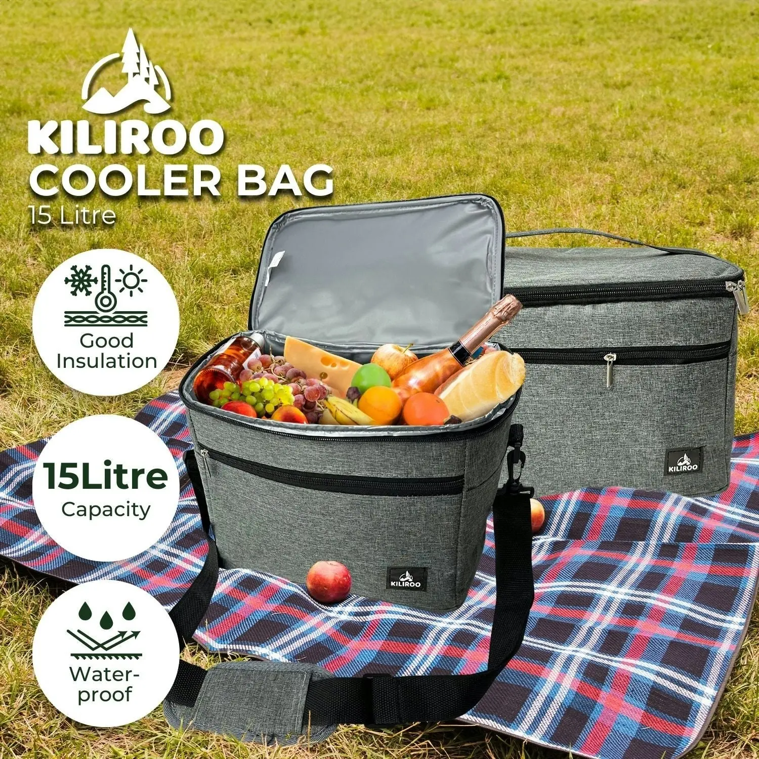 Kiliroo Insulated Cooler Lunch Bag 15L Portable Outdoor Picnic Container Grey