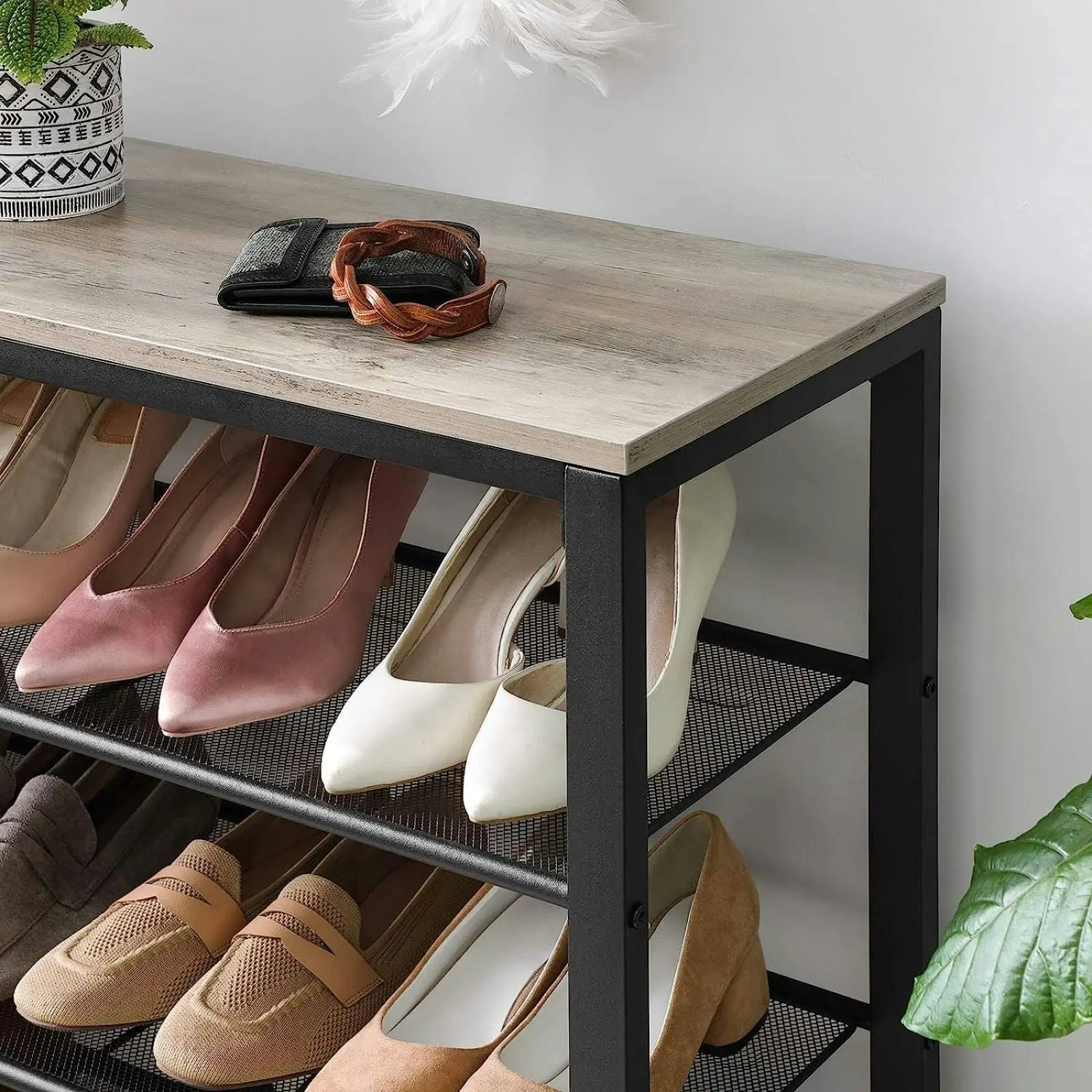 VASAGLE 4 Mesh Shelf ‎ Bench Storage Organiser Shoe Rack - Greige