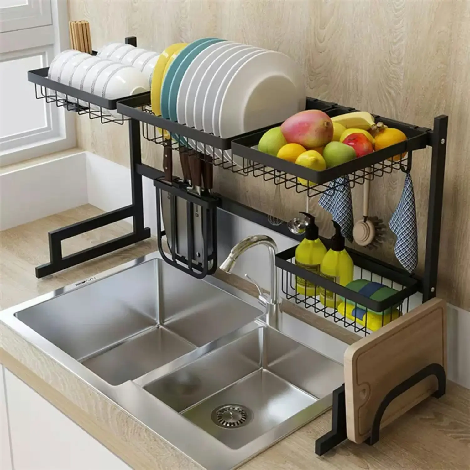 Gominimo 85-100cm Adjustable Over Sink Utensils Cutlery Holder Drainer Dish Drying Rack - Black