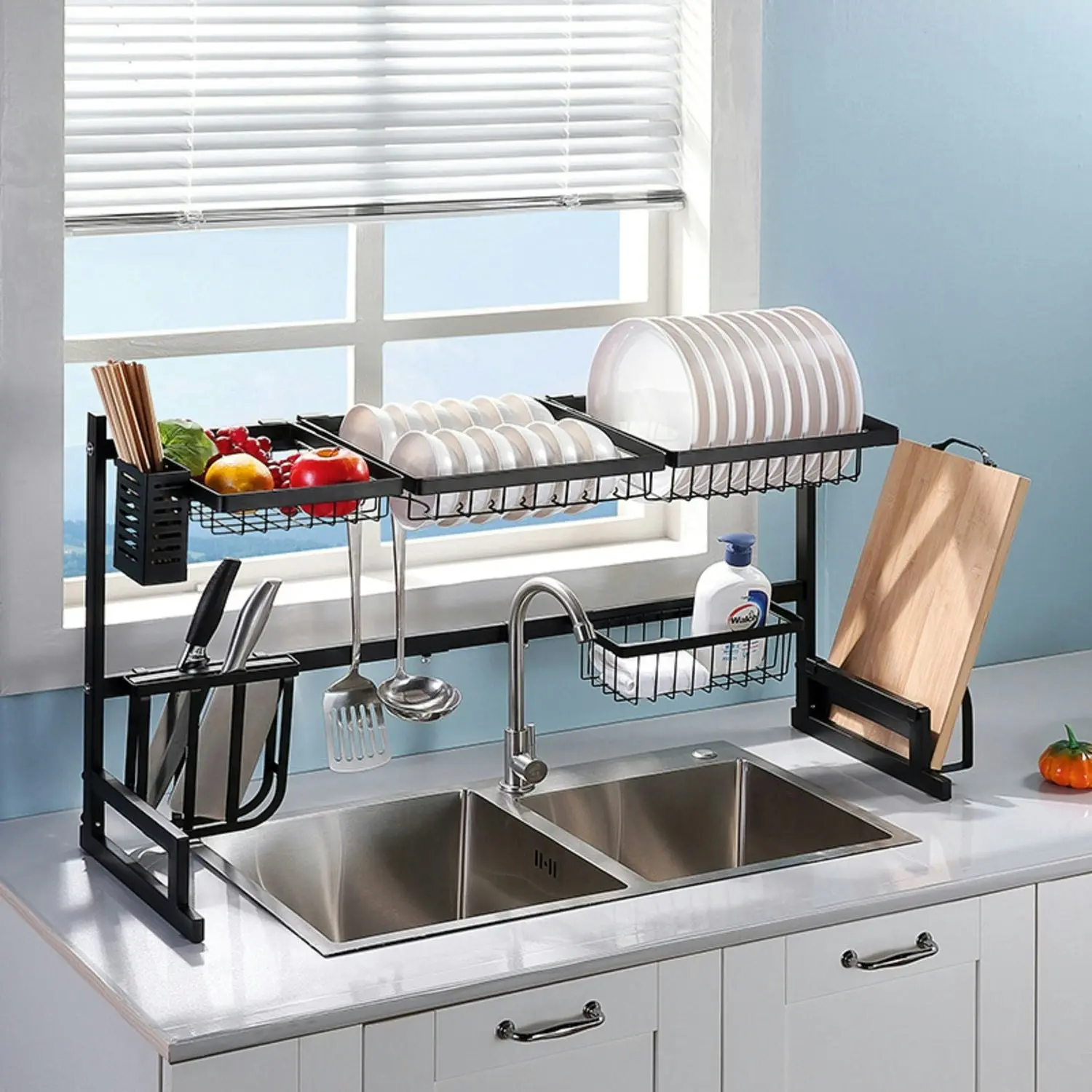 Gominimo 85-100cm Adjustable Over Sink Utensils Cutlery Holder Drainer Dish Drying Rack - Black