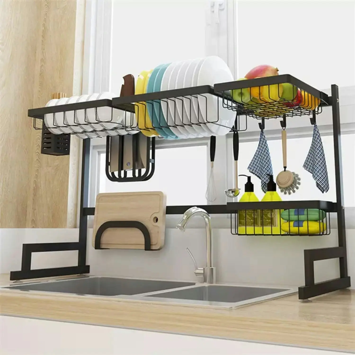 Gominimo 85-100cm Adjustable Over Sink Utensils Cutlery Holder Drainer Dish Drying Rack - Black