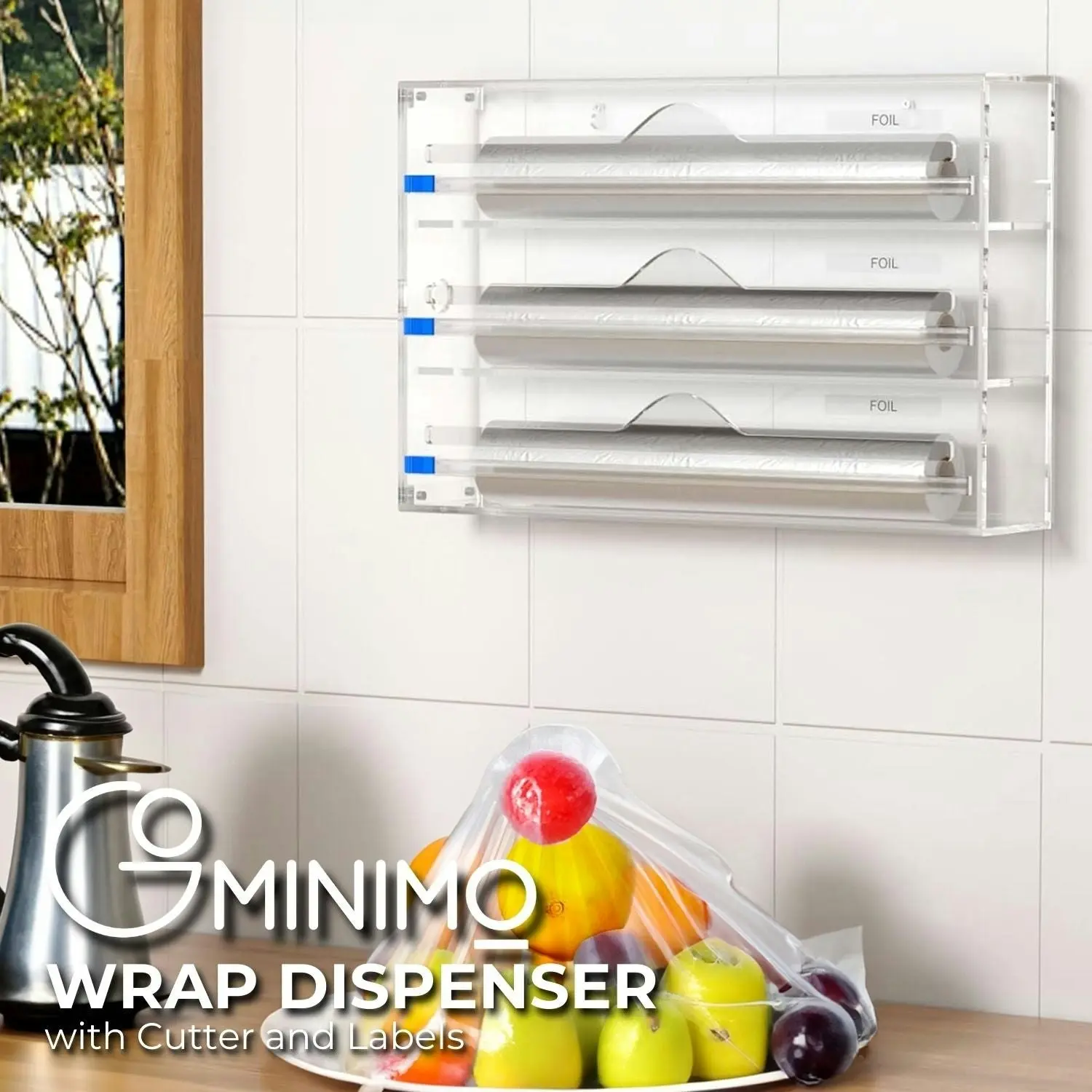 Gominimo 3in1 Acrylic Food Wrap Dispenser Cutter Foil Cling Storage Holder Clear