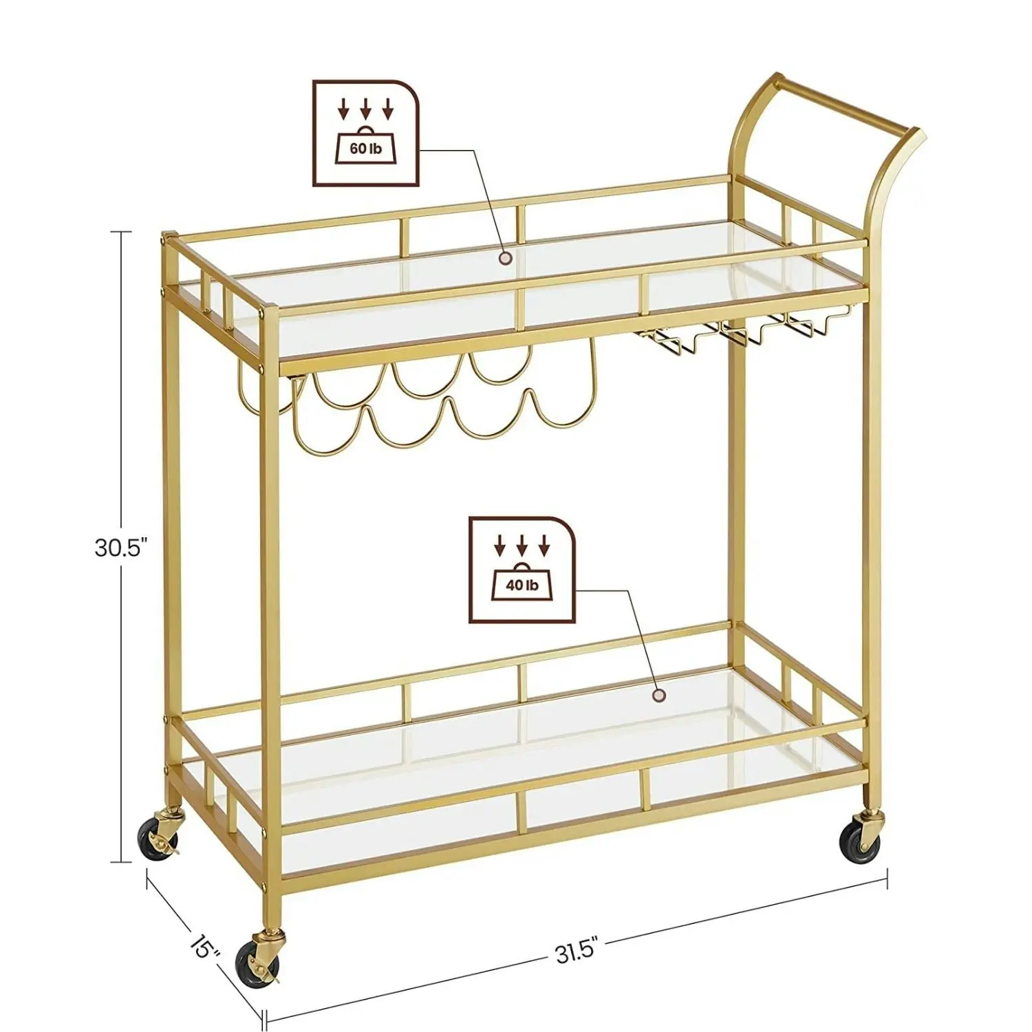 VASAGLE Wine Serving Carts with Wheels Glass and Bottle Holders Bar Cart - Gold