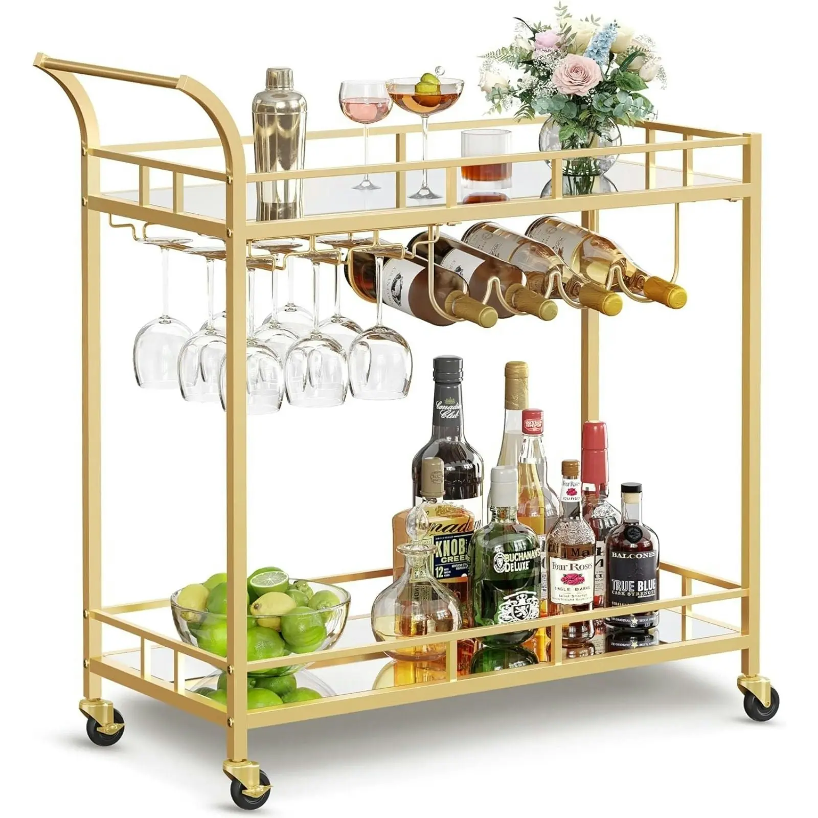 VASAGLE Wine Serving Carts with Wheels Glass and Bottle Holders Bar Cart - Gold