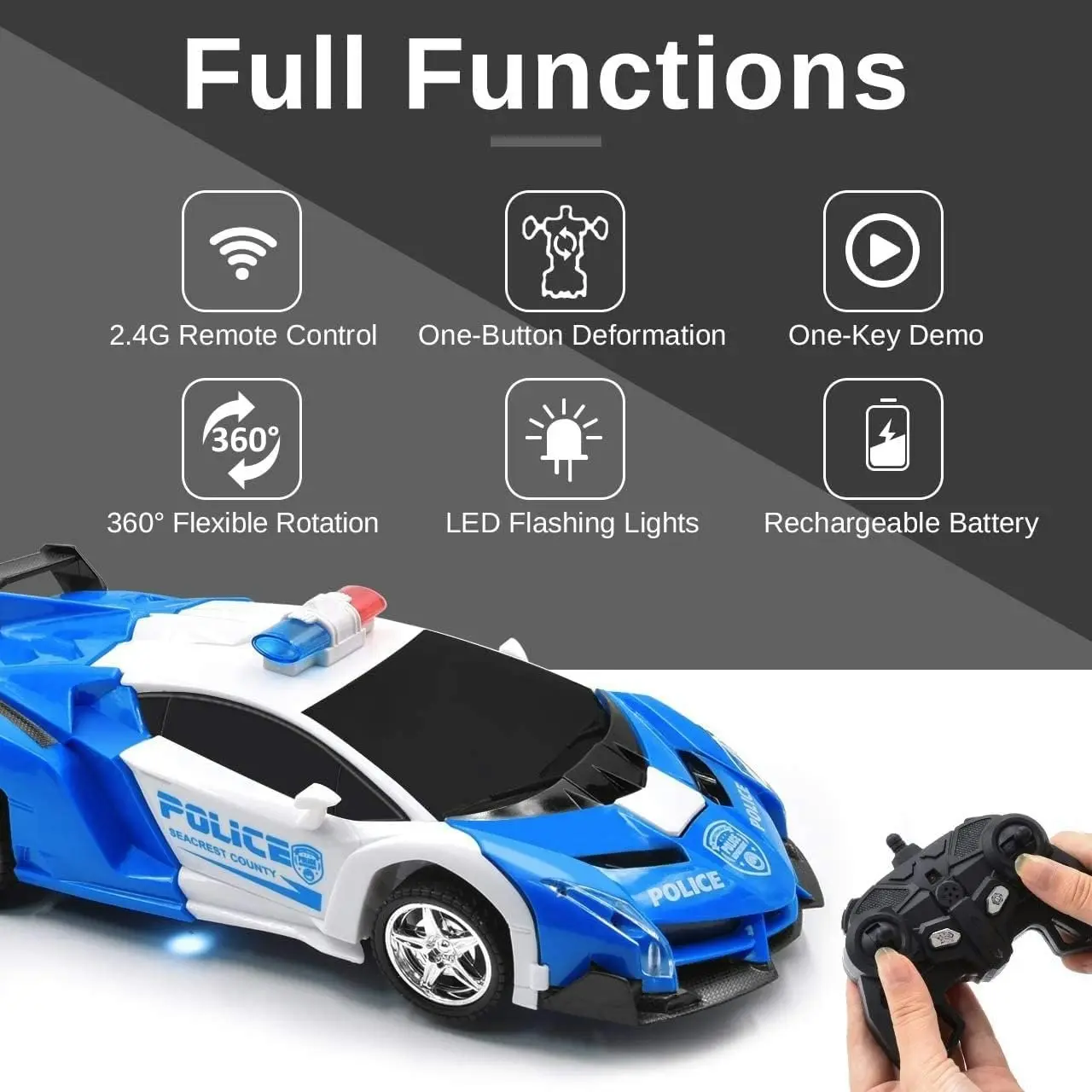 Gominimo Transform Car Robot Police Car with Remote Control (White Blue) GO-TCR-100-FM