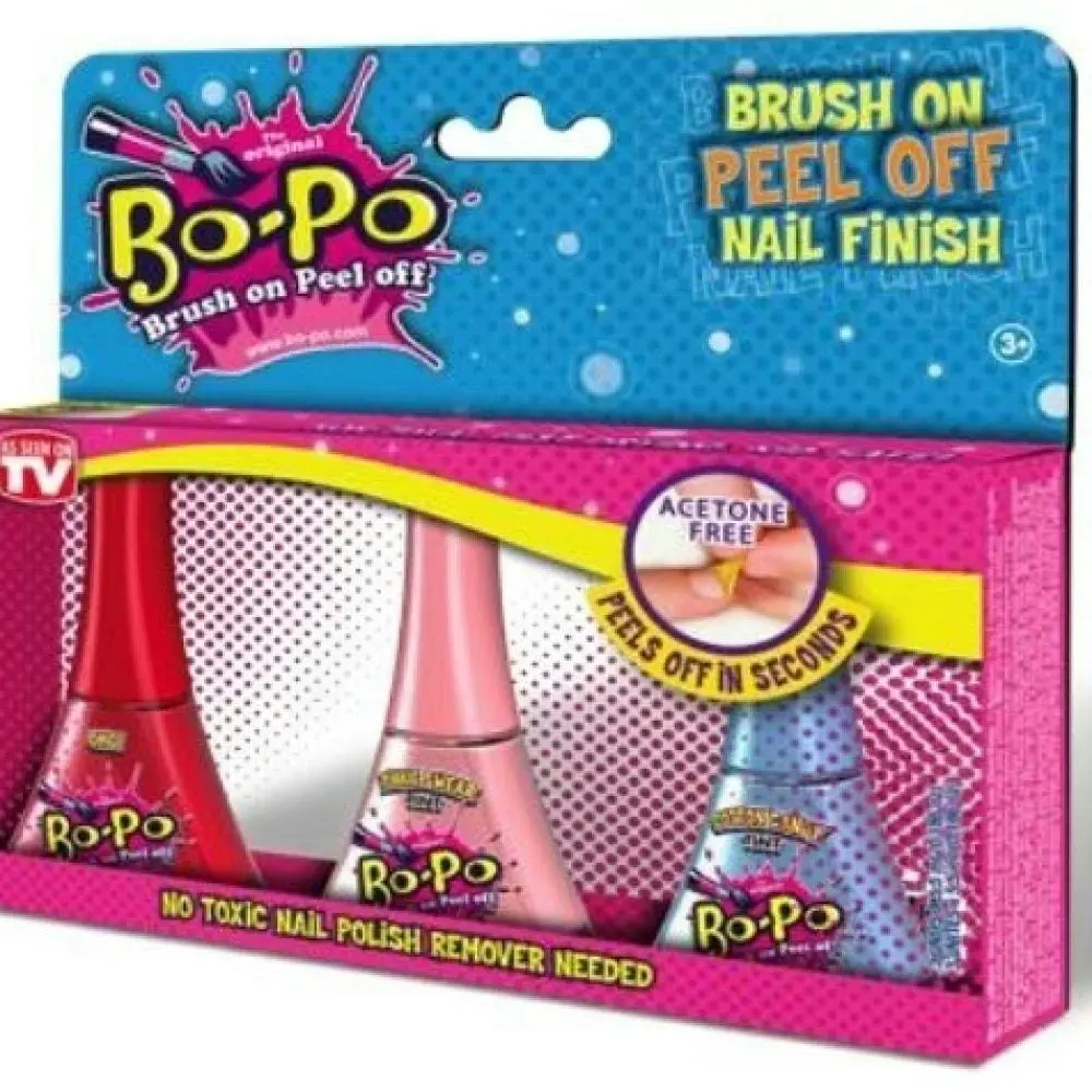 Bo-Po Brush-On-Peel-Off, Non-Toxic Nail Polish, Red, Blue and Pink, 3 Pack