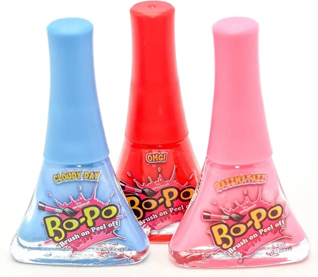 Bo-Po Brush-On-Peel-Off, Non-Toxic Nail Polish, Red, Blue and Pink, 3 Pack