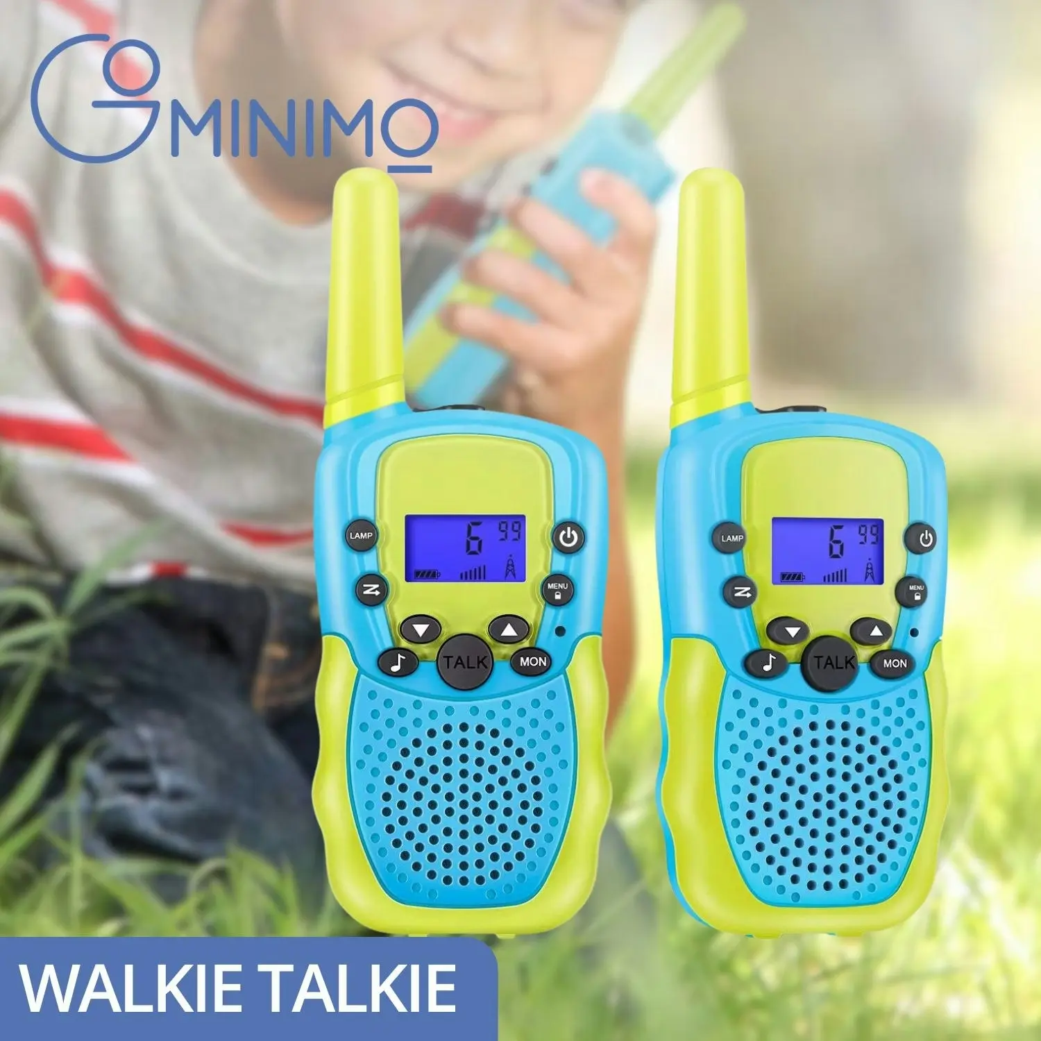 2pcs Gominimo Battery-Powered Flashlight 3KM LCD Screen Age 3+ Kids Walkie Talkies - Blue and Green