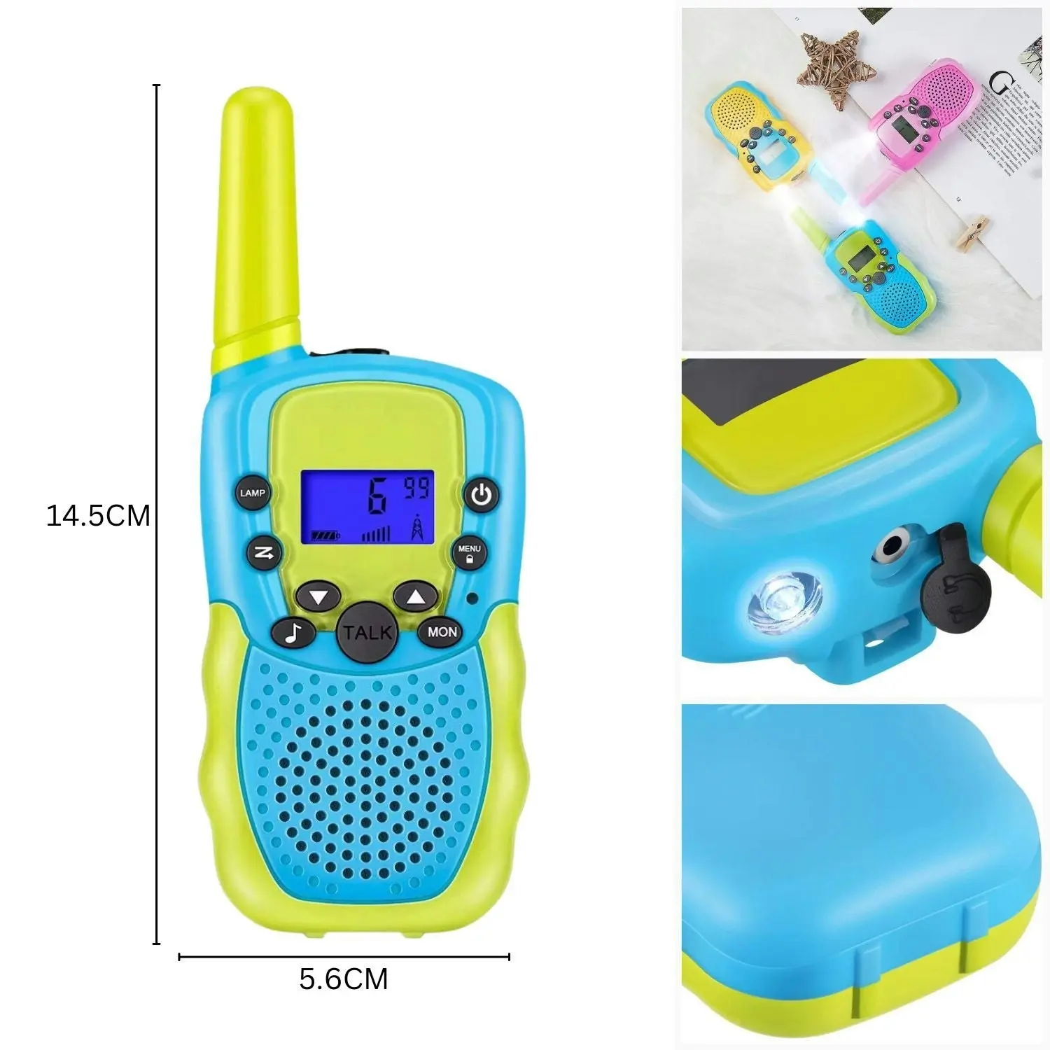 2pcs Gominimo Battery-Powered Flashlight 3KM LCD Screen Age 3+ Kids Walkie Talkies - Blue and Green