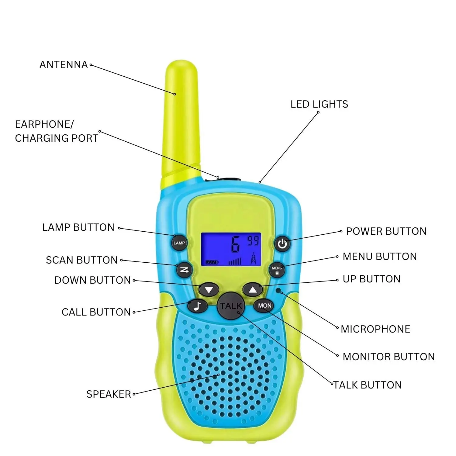 2pcs Gominimo Battery-Powered Flashlight 3KM LCD Screen Age 3+ Kids Walkie Talkies - Blue and Green