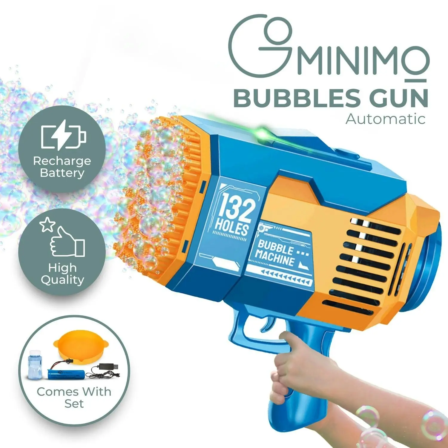 Gominimo 132 Holes Rechargeable Automatic Bubbles Blower Machine Gun Blue Orange