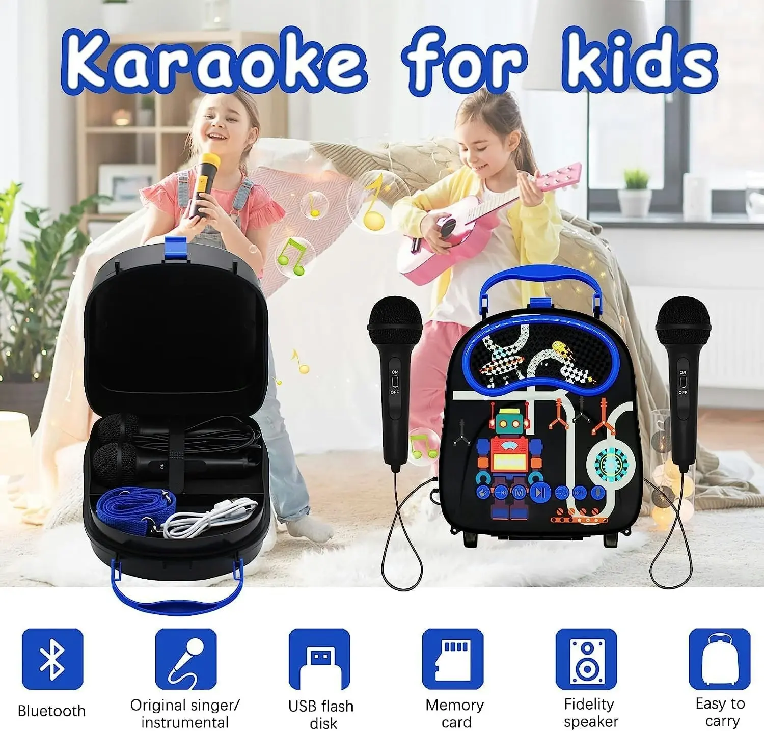 Gominimo Kids Portable Karaoke Two Microphones Rectangle, Black Robot GO-KMM-104-HXDW