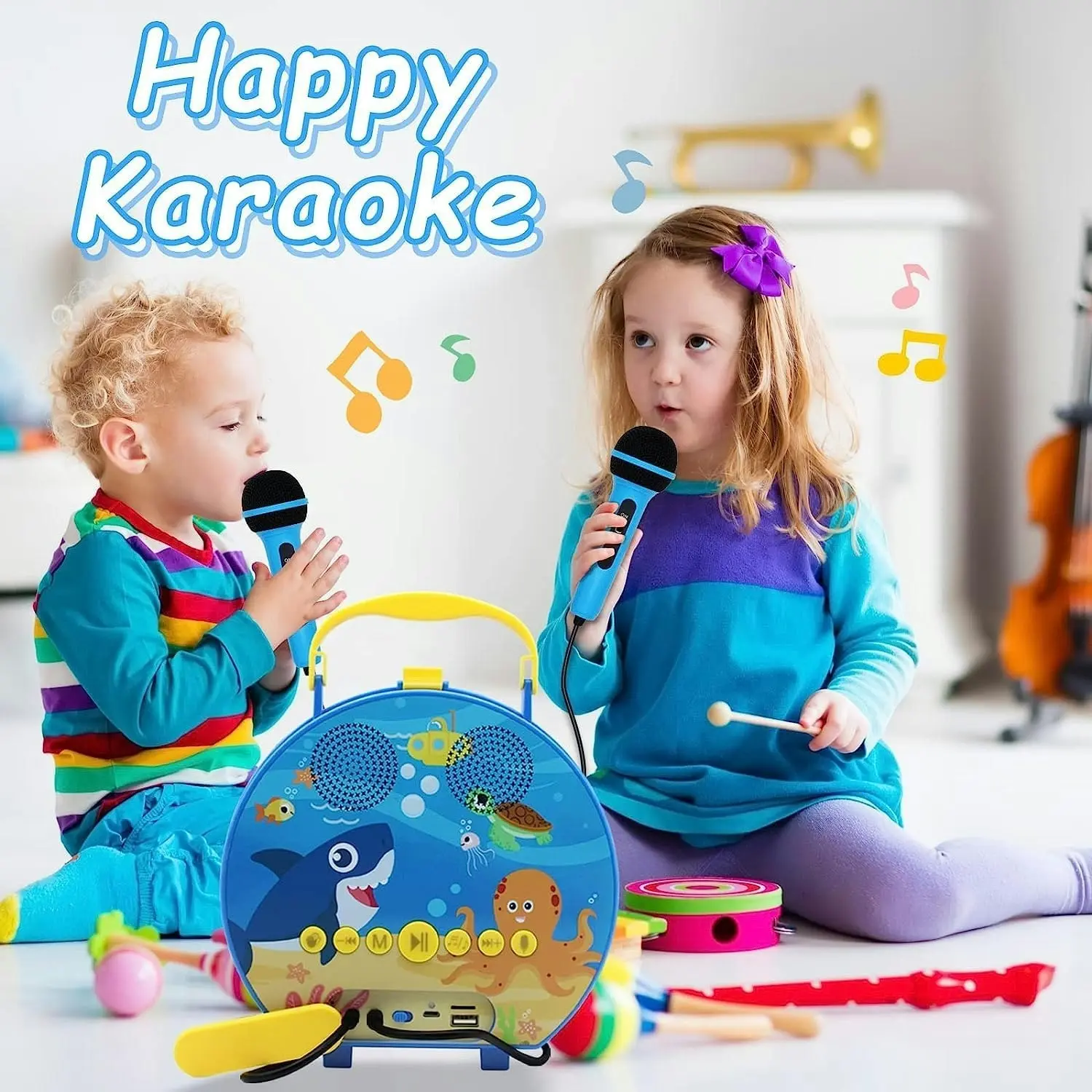 Gominimo Kids Portable Karaoke with Two Microphones (Round, Blue Shark)