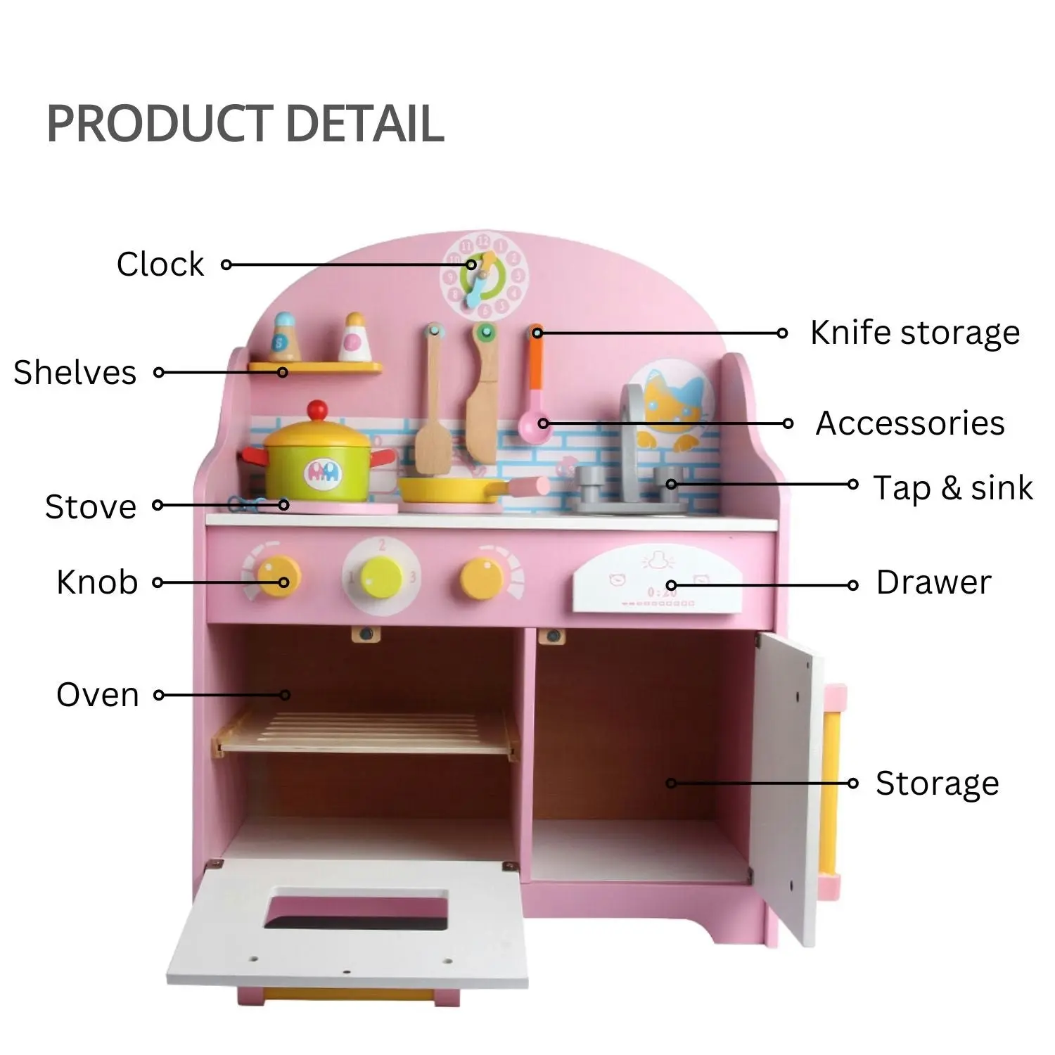 Ekkio High-quality Mdf Board Environmentally Friendly Material Wooden Kitchen Playset for Kids with Clock (Japanese Style Kitchen Set, Pink)