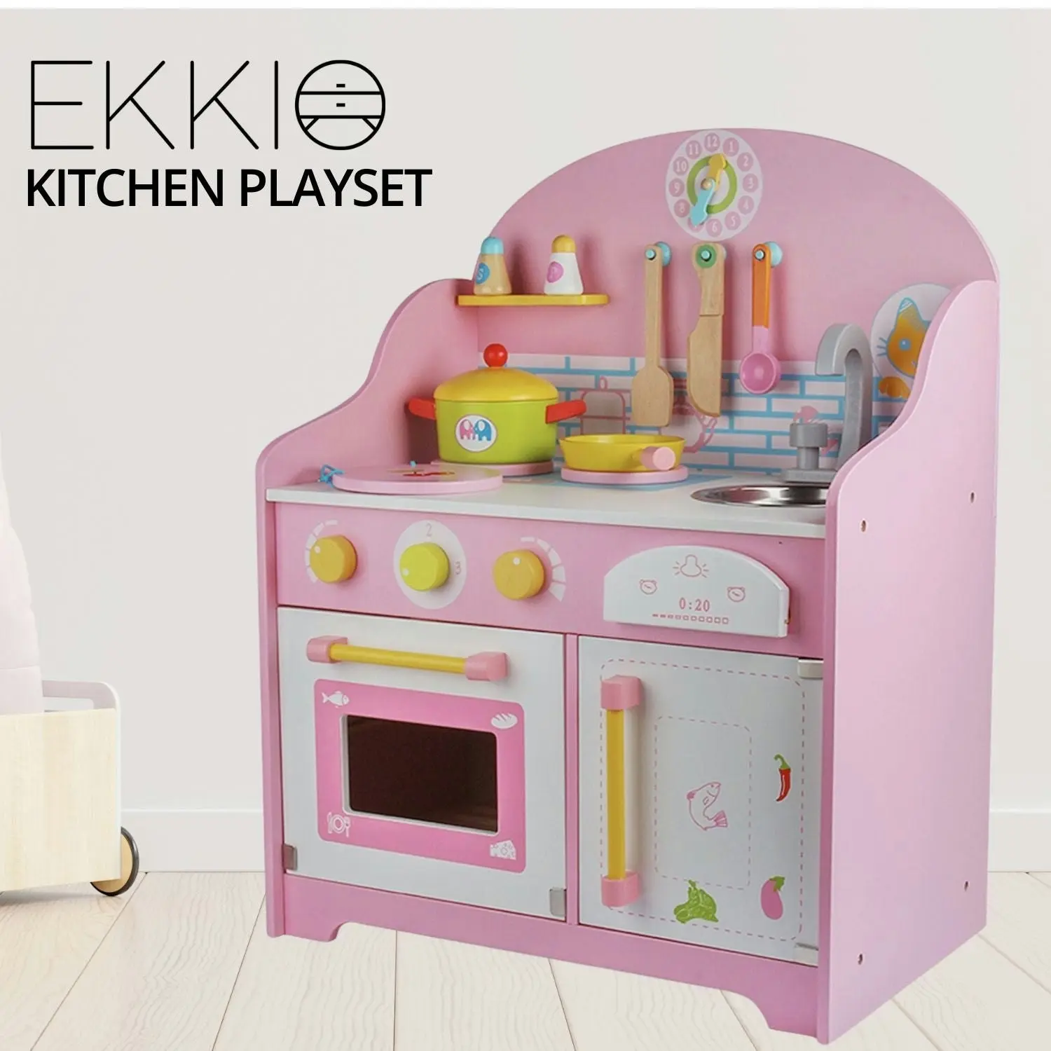 Ekkio High-quality Mdf Board Environmentally Friendly Material Wooden Kitchen Playset for Kids with Clock (Japanese Style Kitchen Set, Pink)