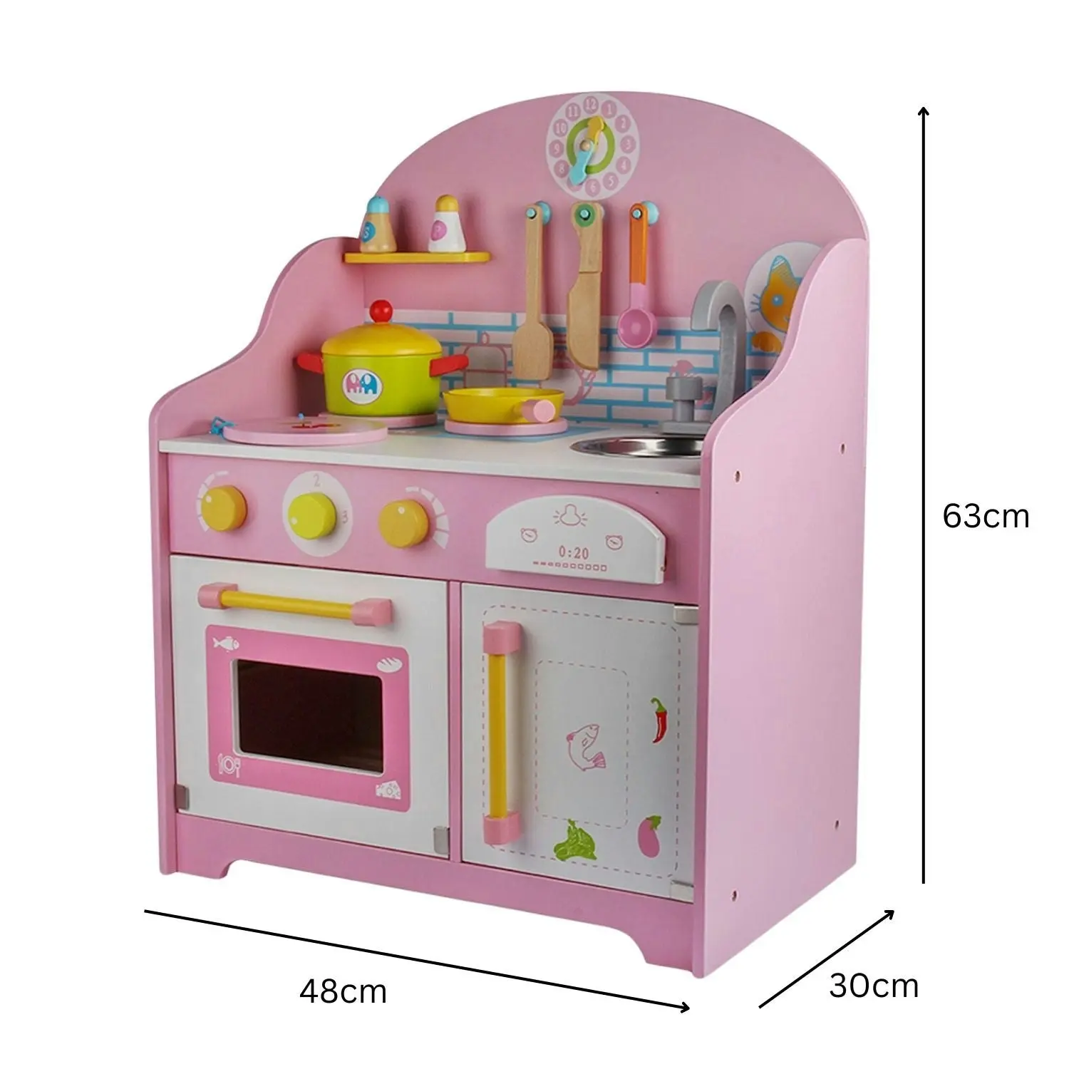 Ekkio High-quality Mdf Board Environmentally Friendly Material Wooden Kitchen Playset for Kids with Clock (Japanese Style Kitchen Set, Pink)