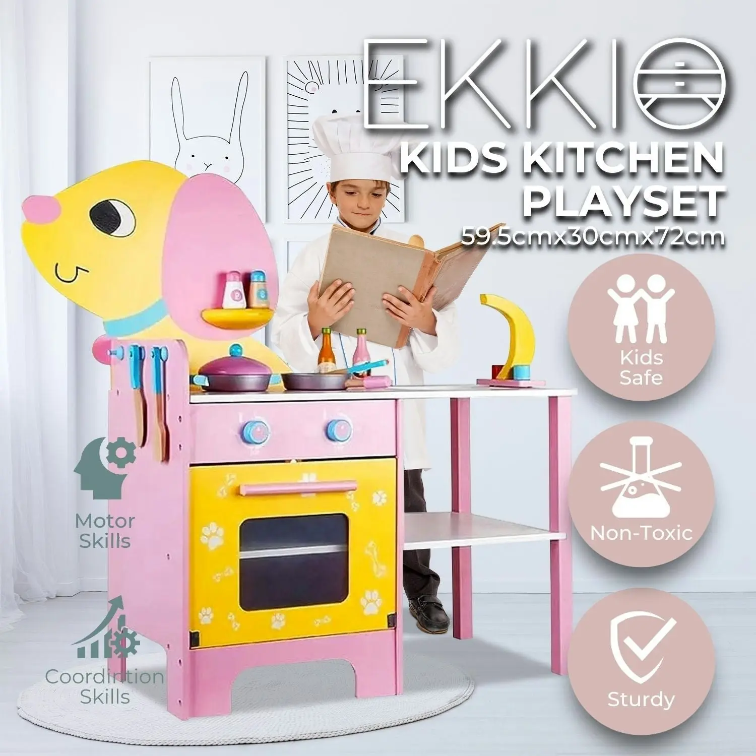 Ekkio Wooden Kids Pretend Play Children Kitchen Playset Toddler Cooking Toy Set