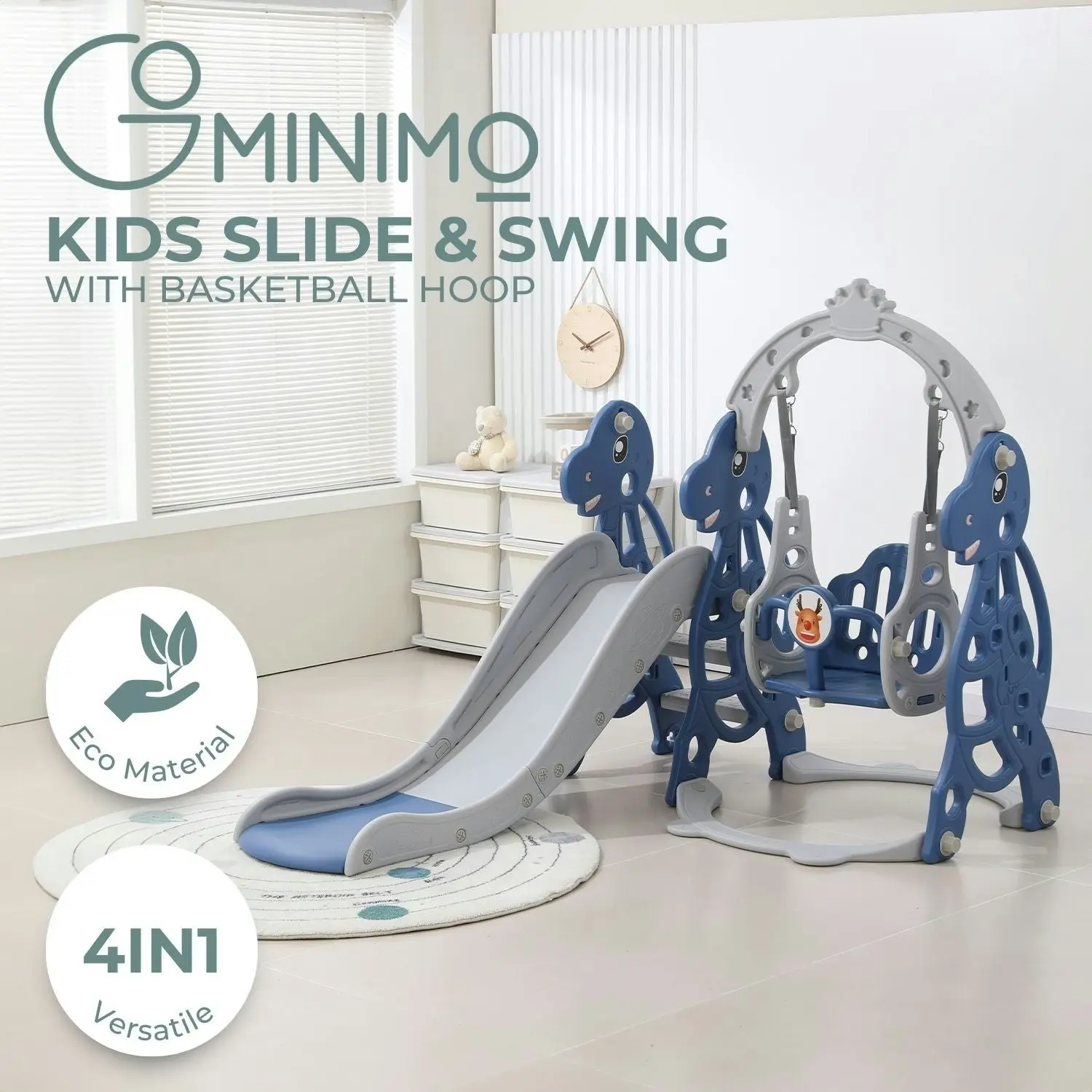 Gominimo - Indoor Outdoor Kids Toddler Slide Swing Set with Basketball Hoop - Blue Dinosaur