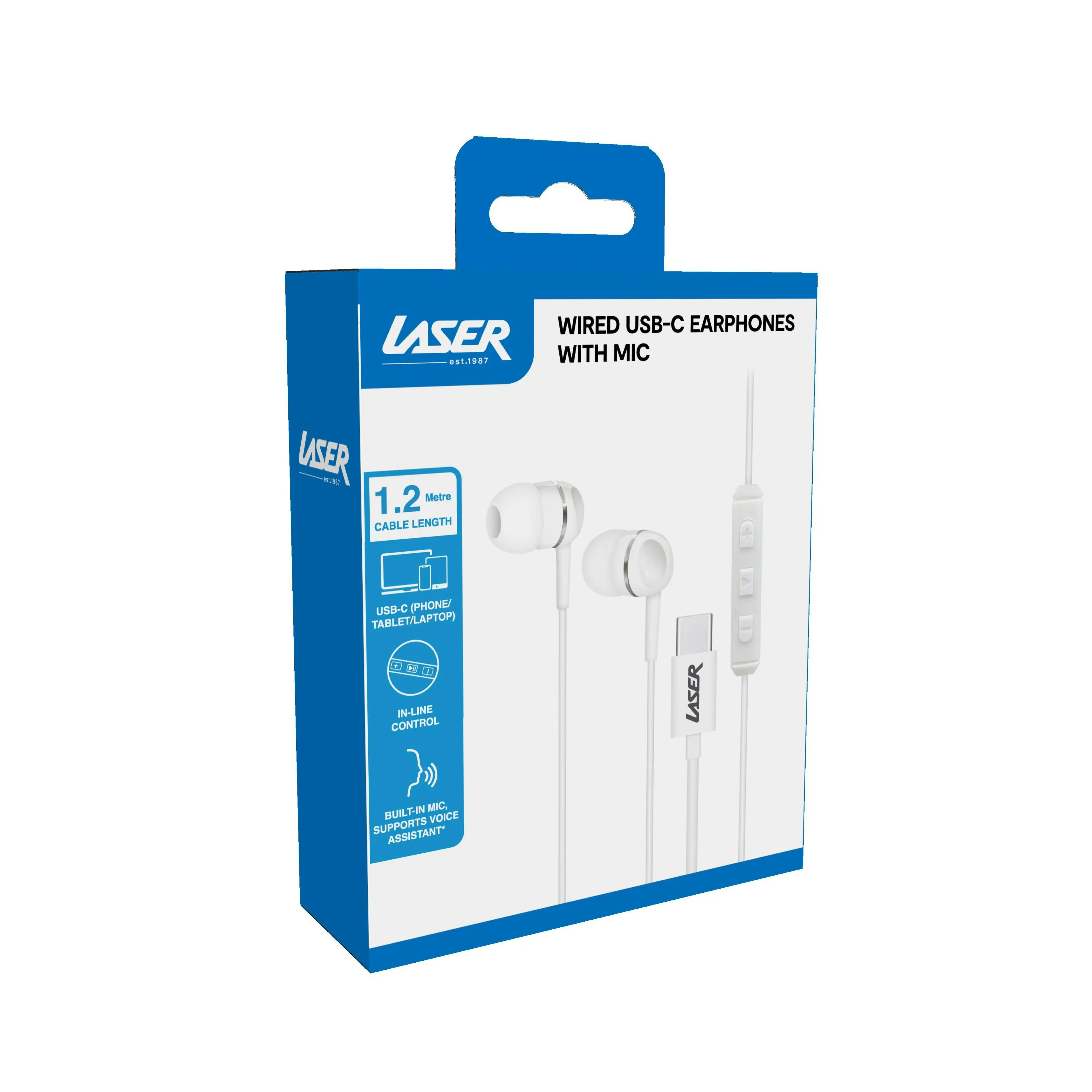 Laser USB-C Wired Earphones with Mic & Volume Control - Compact White