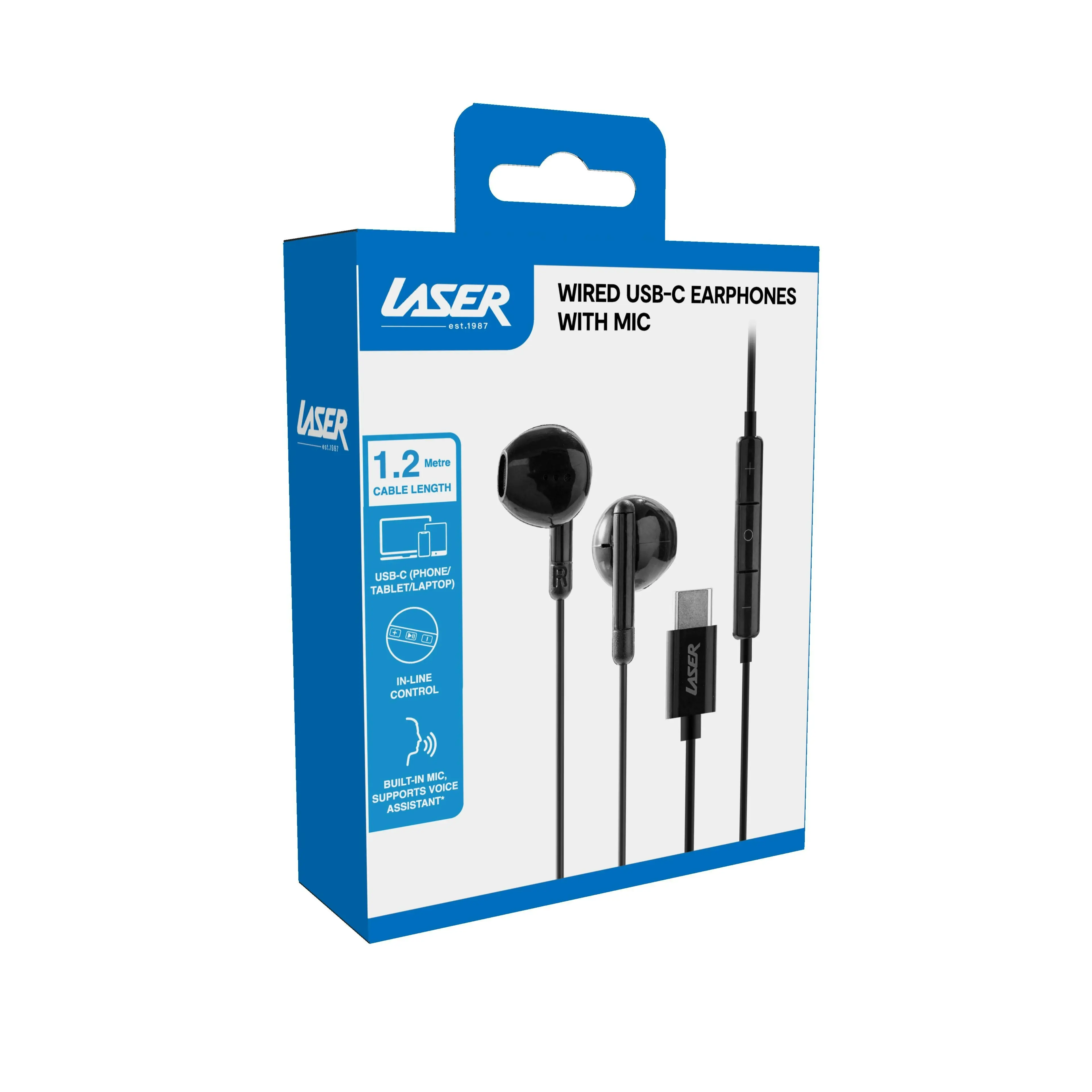 Laser USB-C Wired Earphones with Mic - Black, Compact, High-Quality Sound