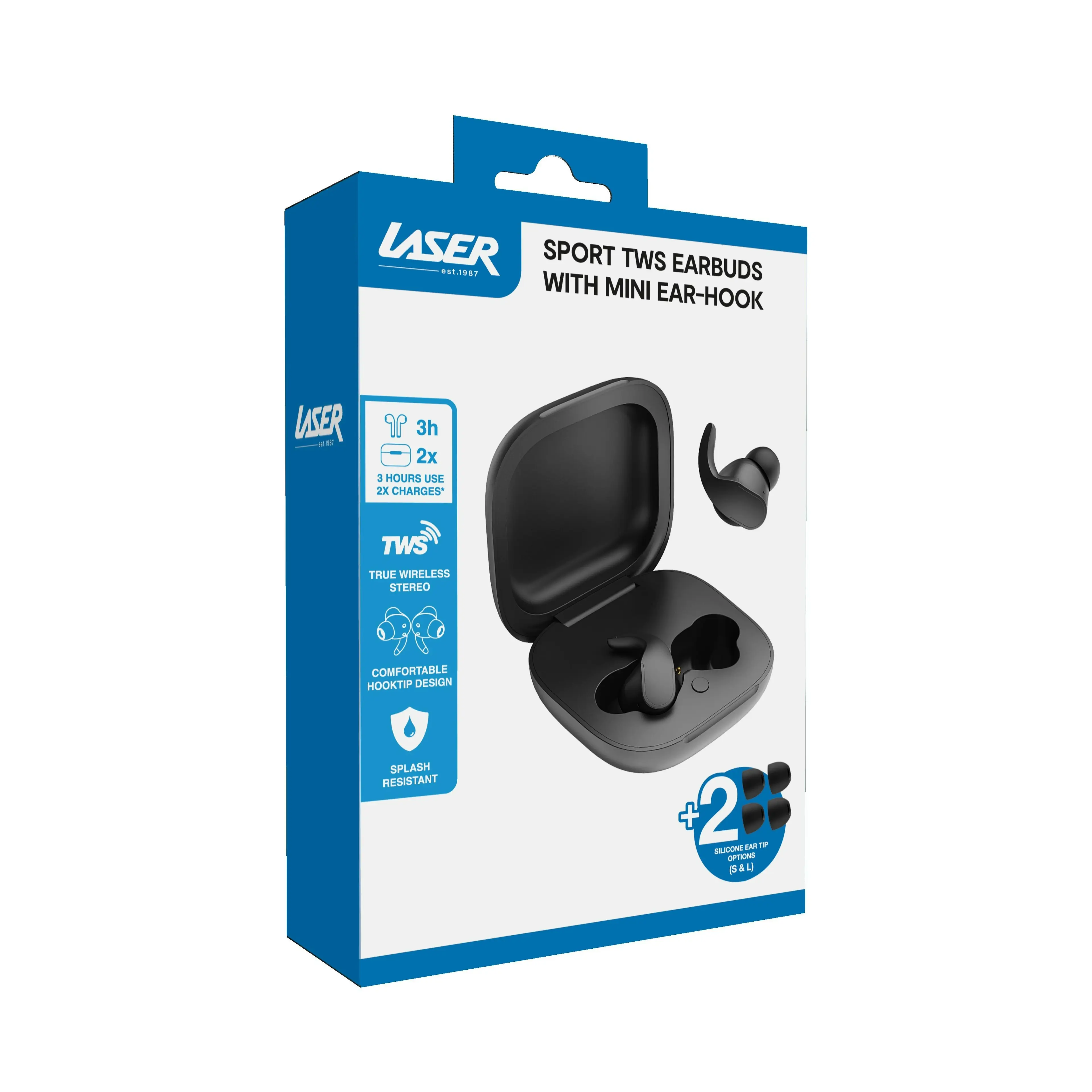 Laser Black Sport TWS Earbuds Mini Ear-Hook - Secure Fit 9hr Battery