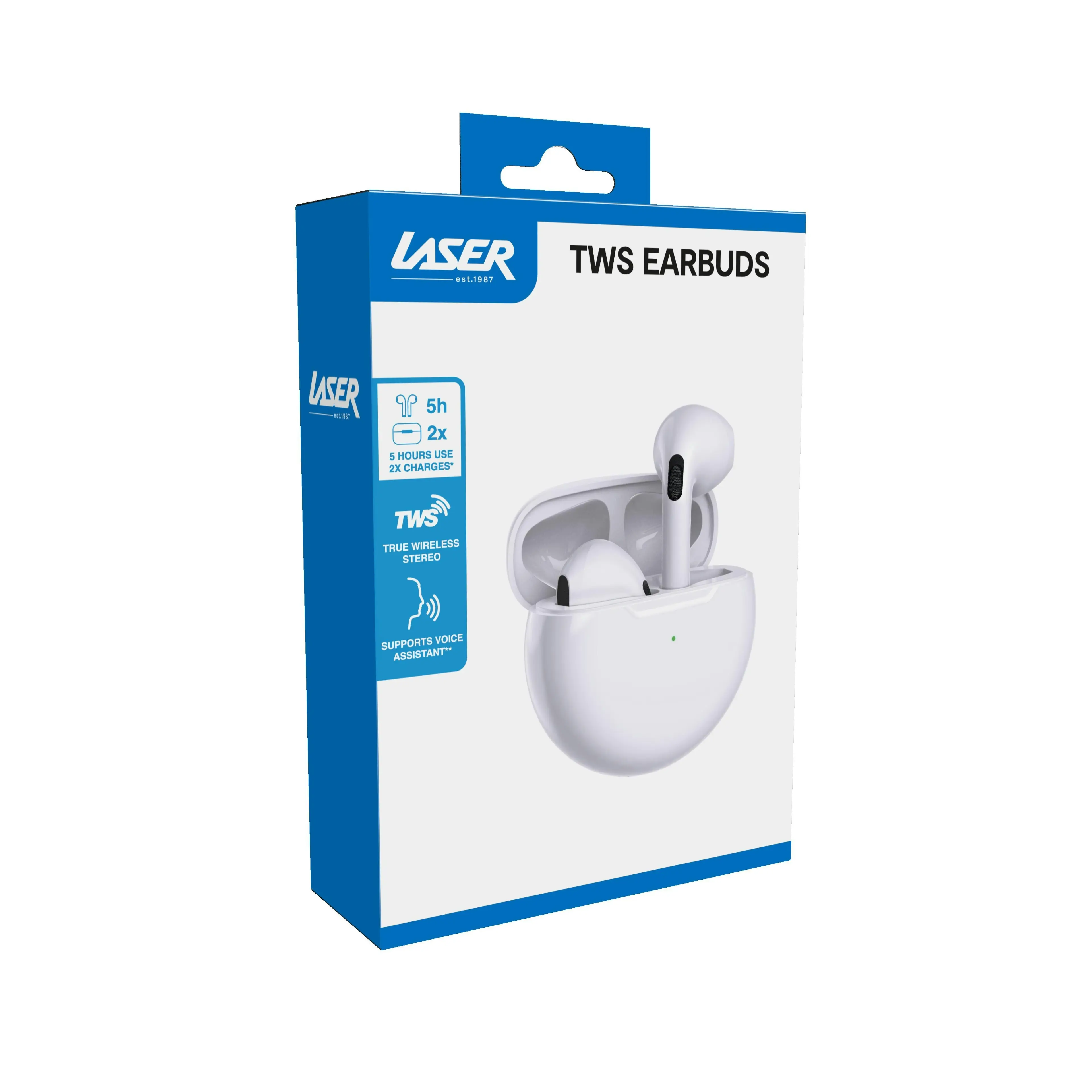 Laser TWS Earbuds White - Ergonomic, Bluetooth 5.3, Long Battery Life