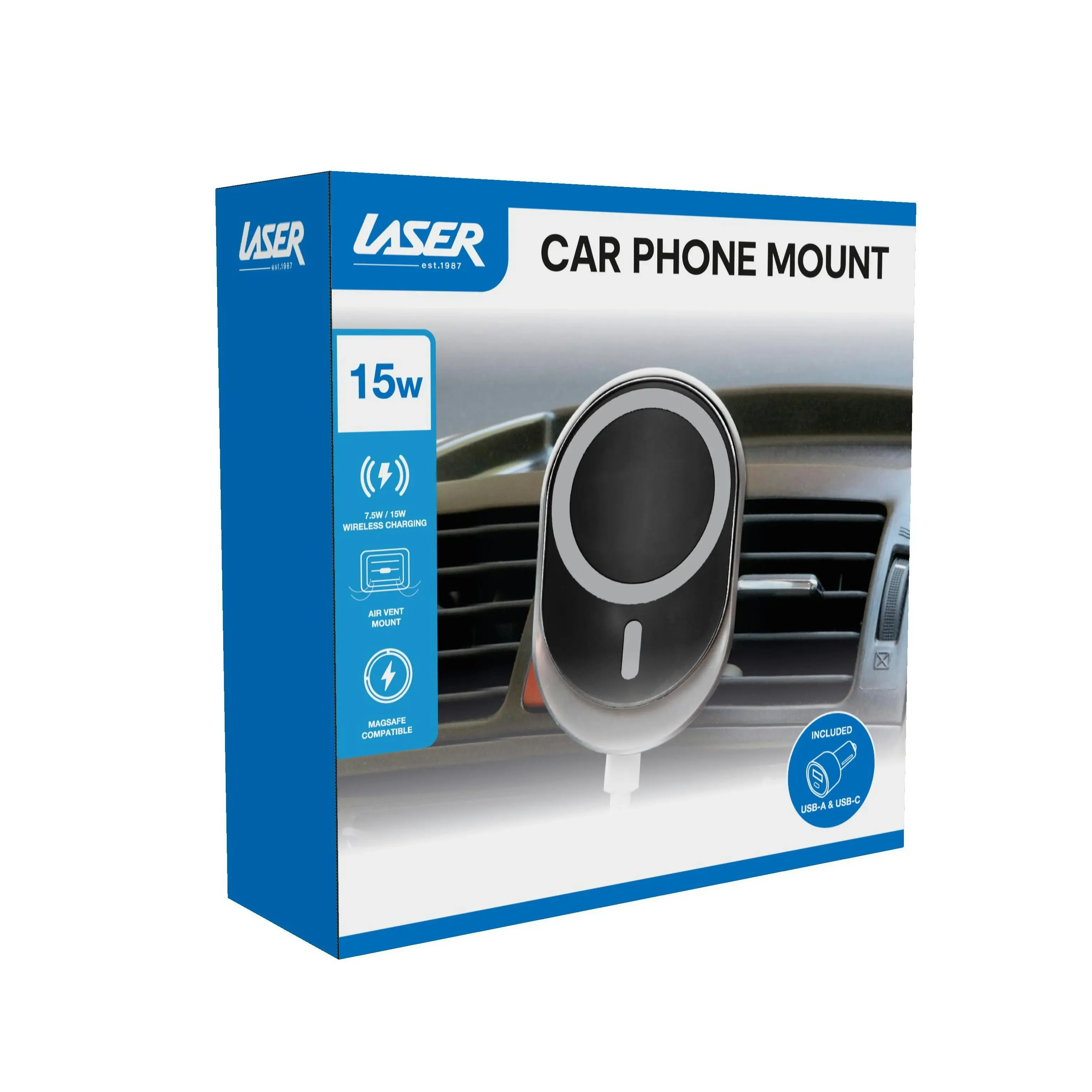 Laser 15W MagSafe Car Phone Mount - Fast Wireless Charging, Black