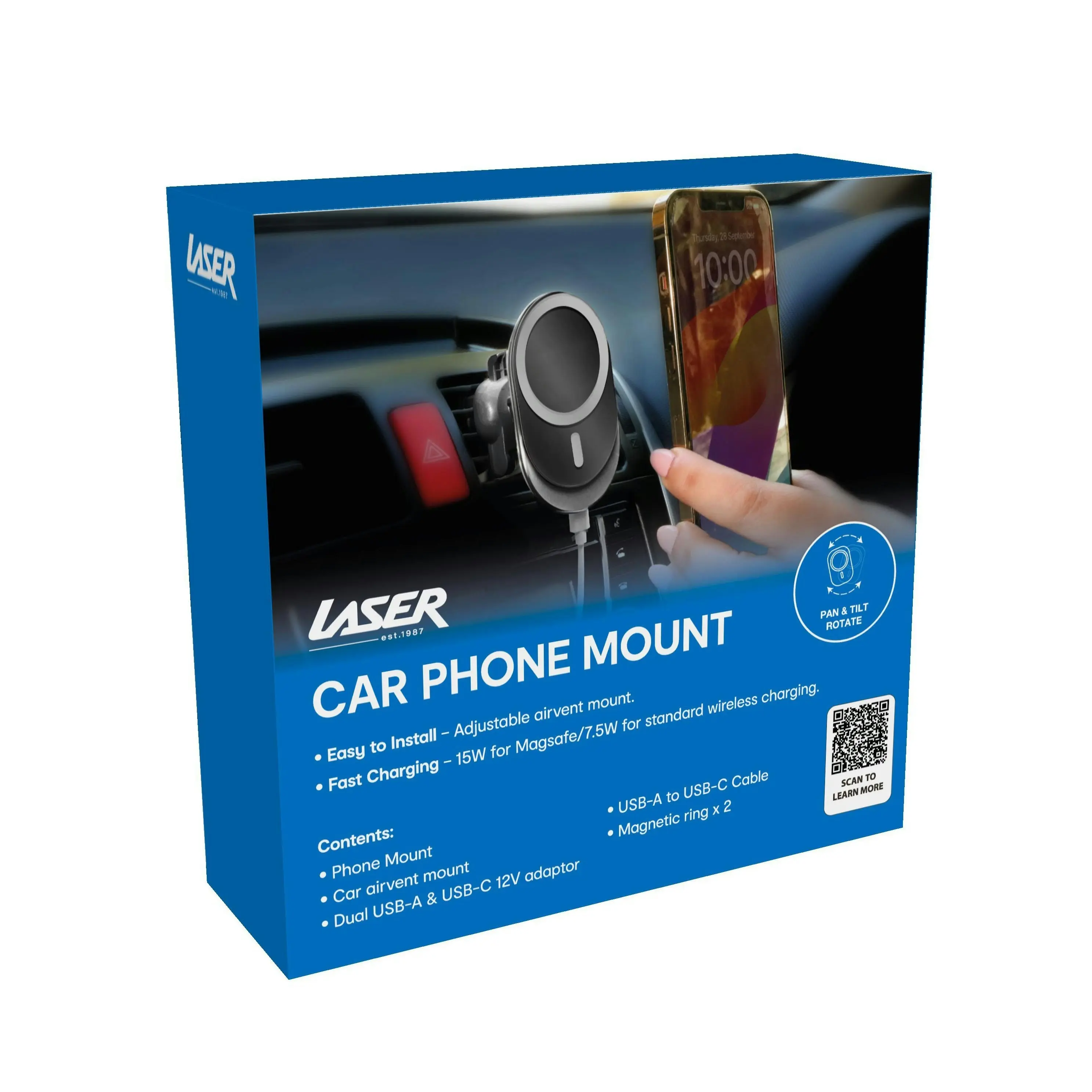 Laser 15W MagSafe Car Phone Mount - Fast Wireless Charging, Black