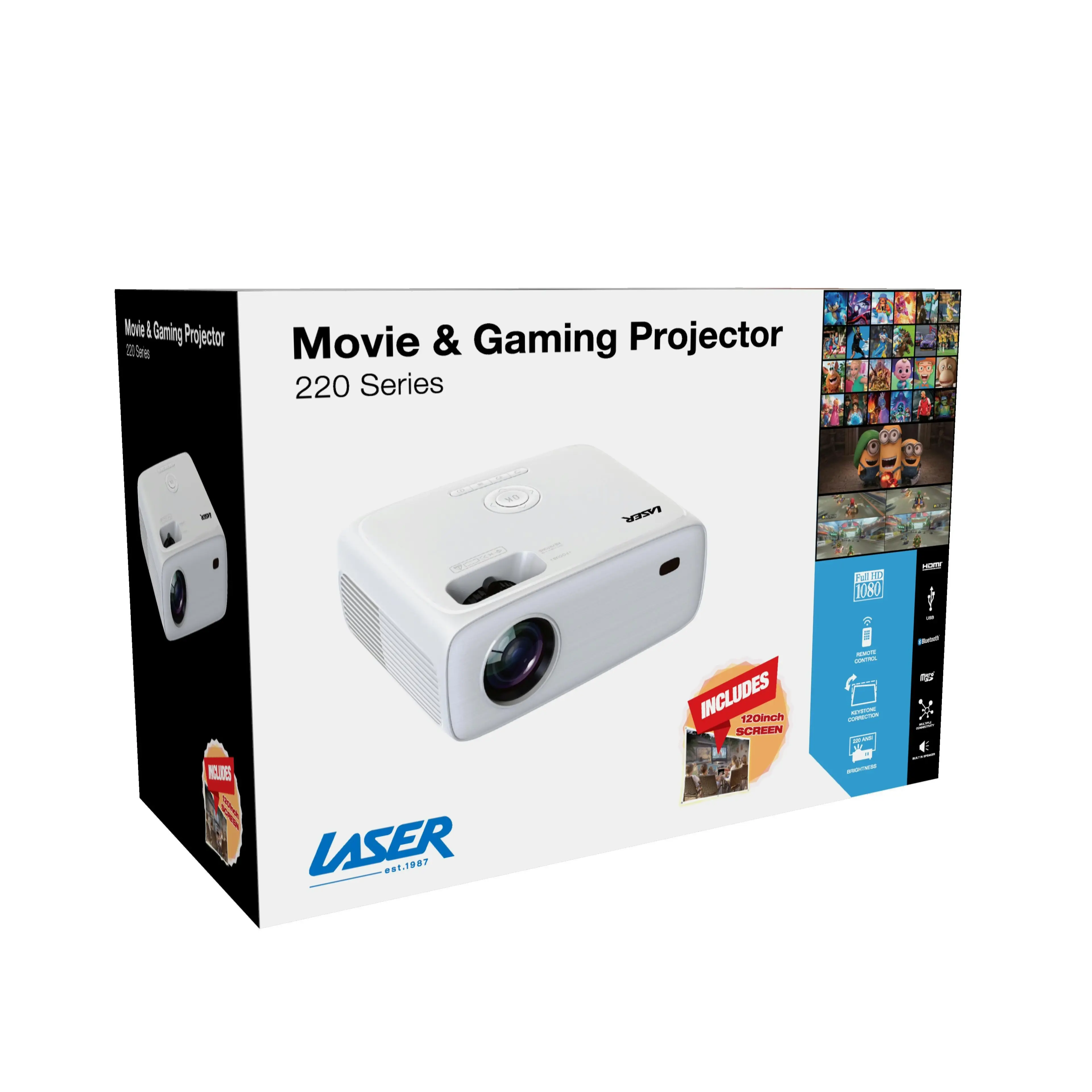 Laser HD Bluetooth Projector 220 Series for Movies, Gaming - Includes Screen