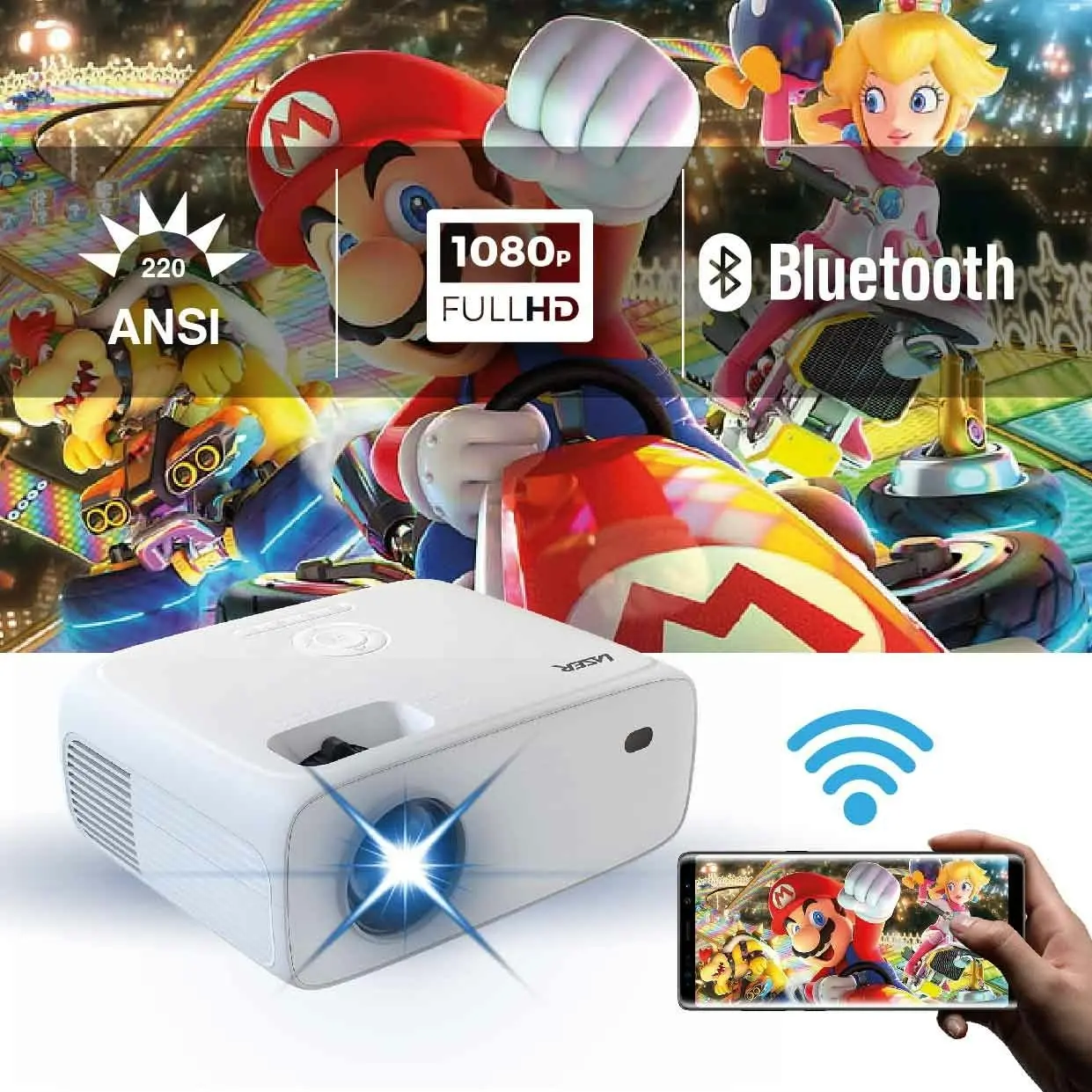 Laser HD Bluetooth Projector 220 Series for Movies, Gaming - Includes Screen