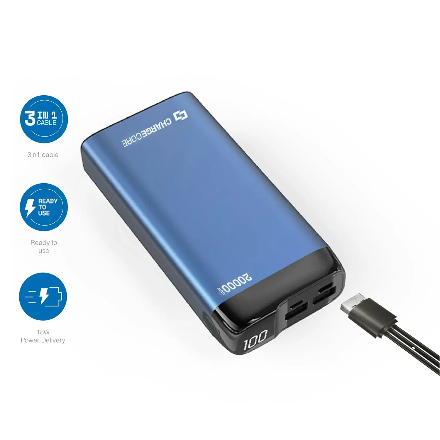 Laser 20000mAh Blue Power Bank, Fast Charging, LED Display