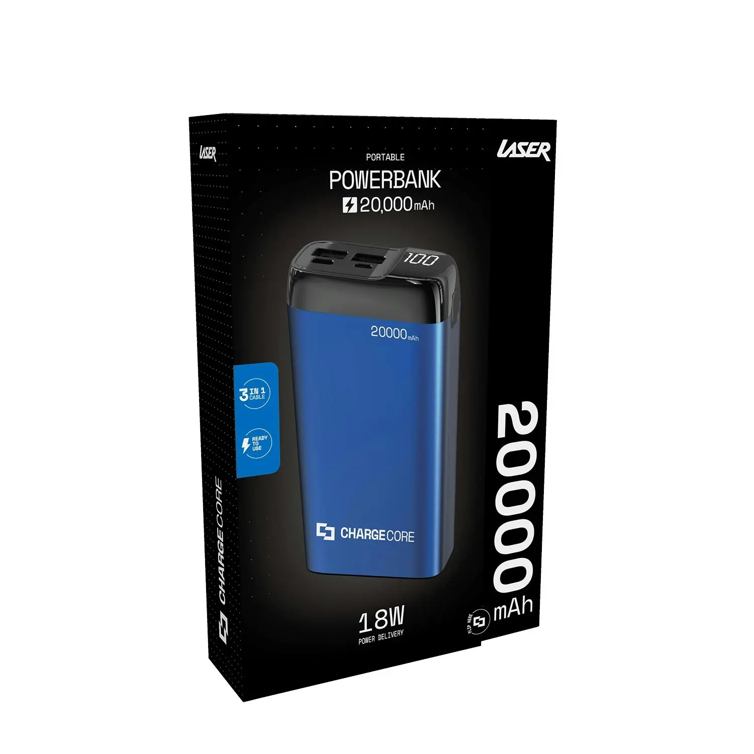 Laser 20000mAh Blue Power Bank, Fast Charging, LED Display