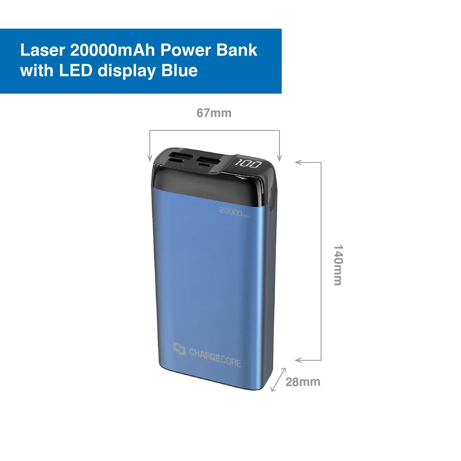 Laser 20000mAh Blue Power Bank, Fast Charging, LED Display