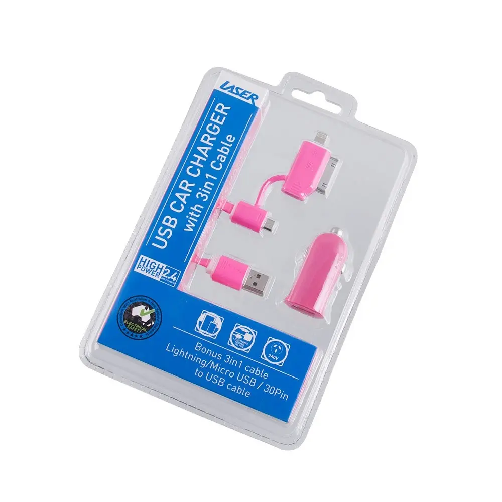 Laser Pink 2.4A Car Charger with 3-in-1 Multi-Device Cable for iOS/Android