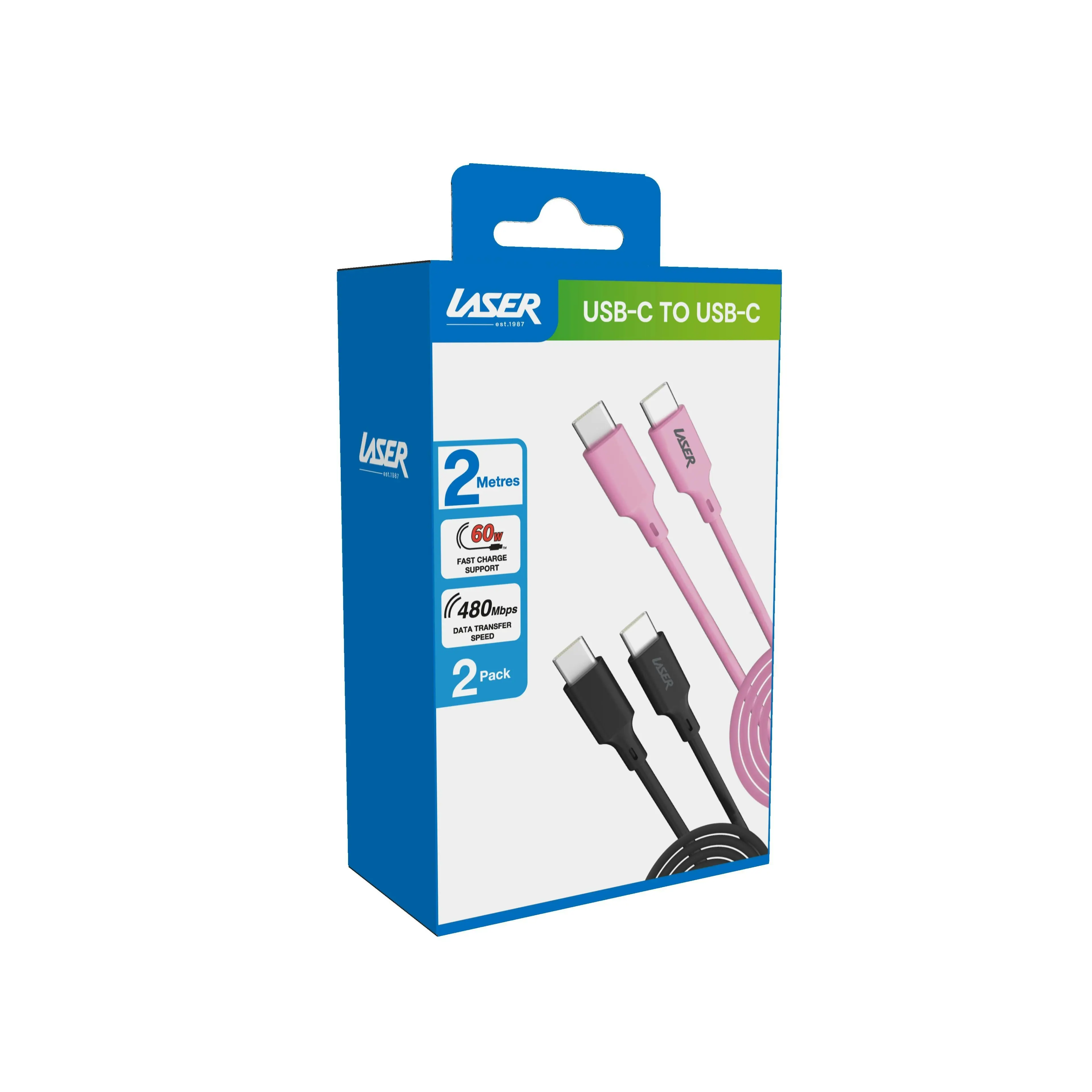 Laser 60W USB-C Fast Charging Cable Duo | Black & Pink | 2m 2-Pack