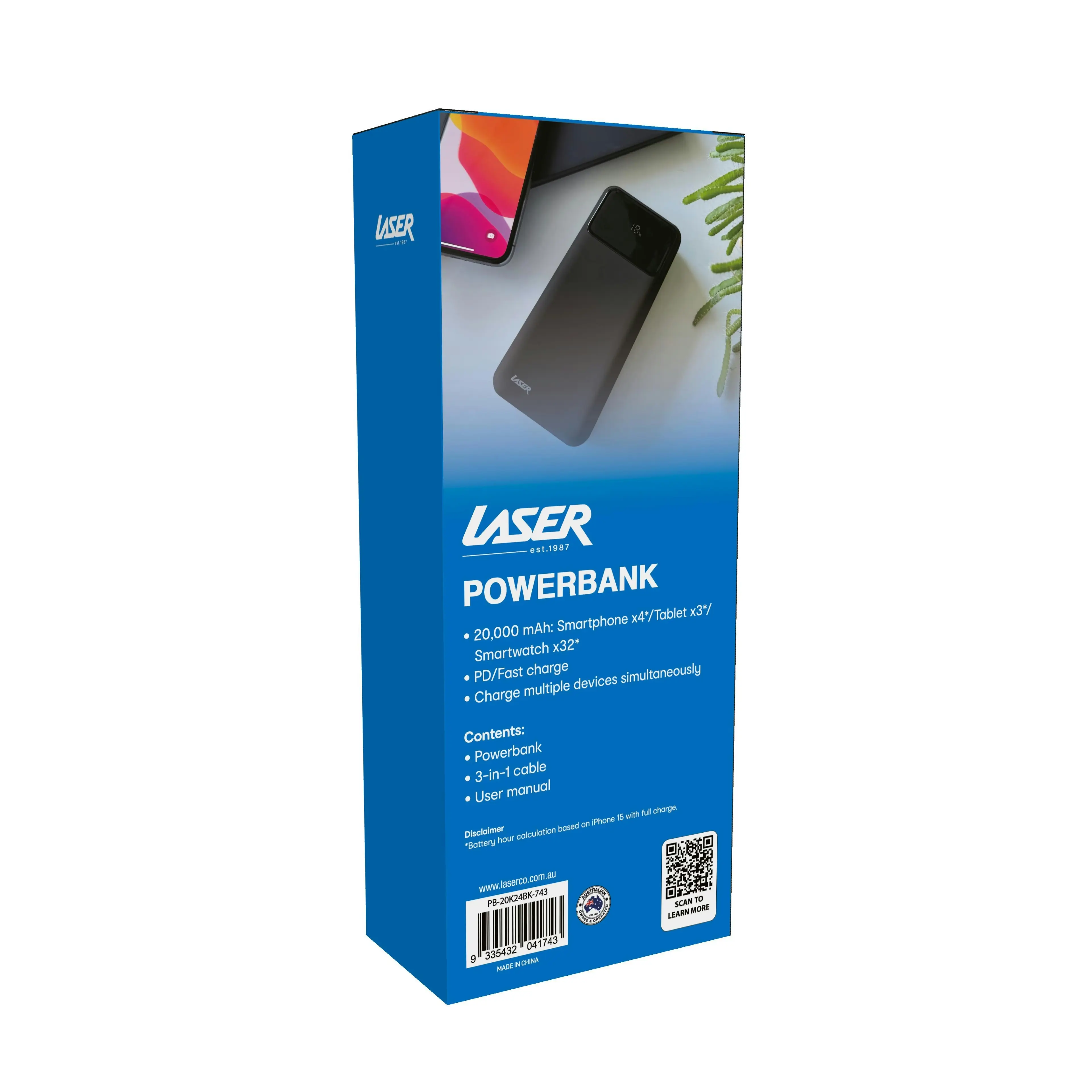 Laser 20000mAh Powerbank 18W Fast PD Charge with LED & 3-in-1 Cable Black