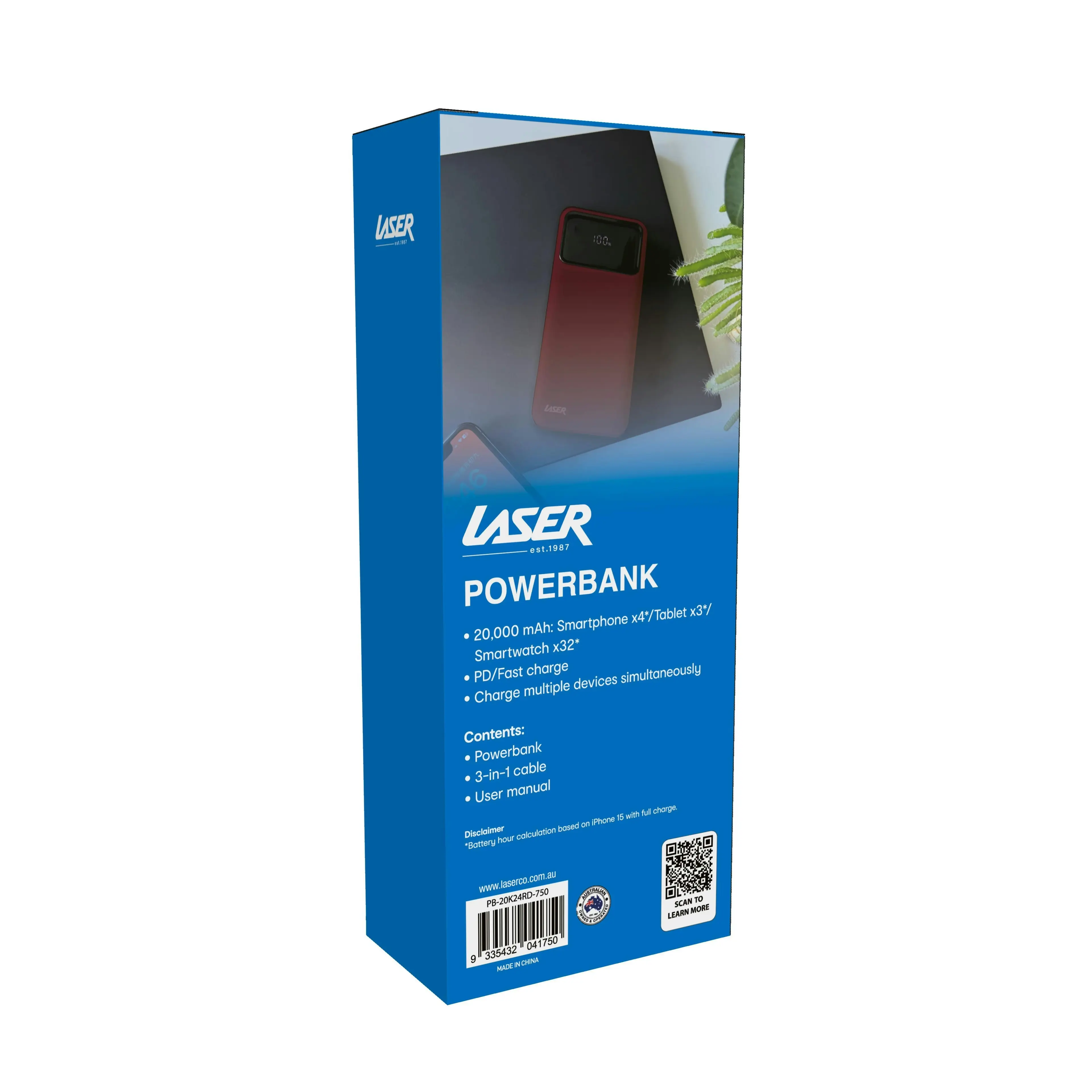 Laser 20000mAh Powerbank Red 18W PD Quick Charge LED Display