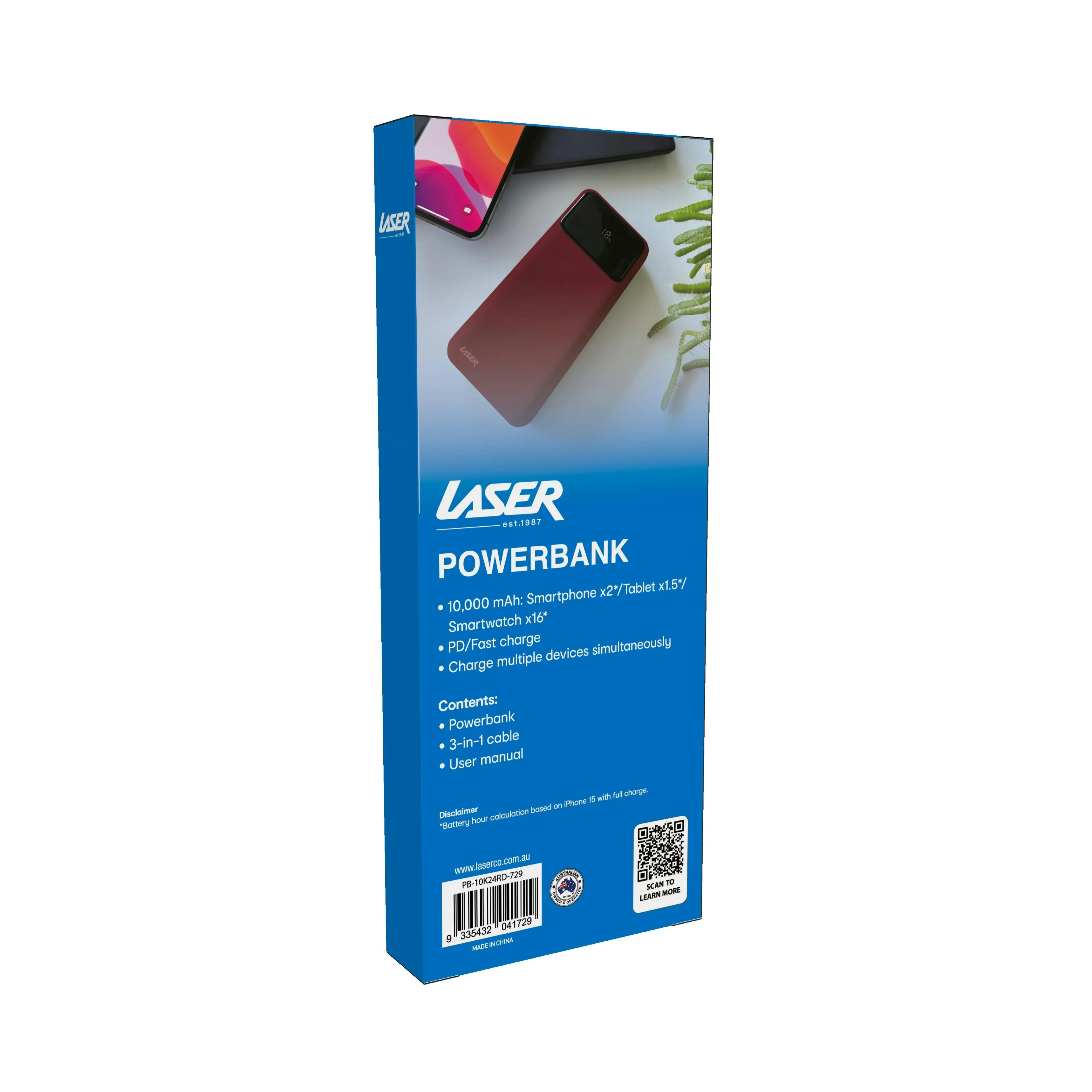 Laser Powerbank, 10000mAh, Fast Charging, PD 18W, Red, LED Indicator, USB-C, Por